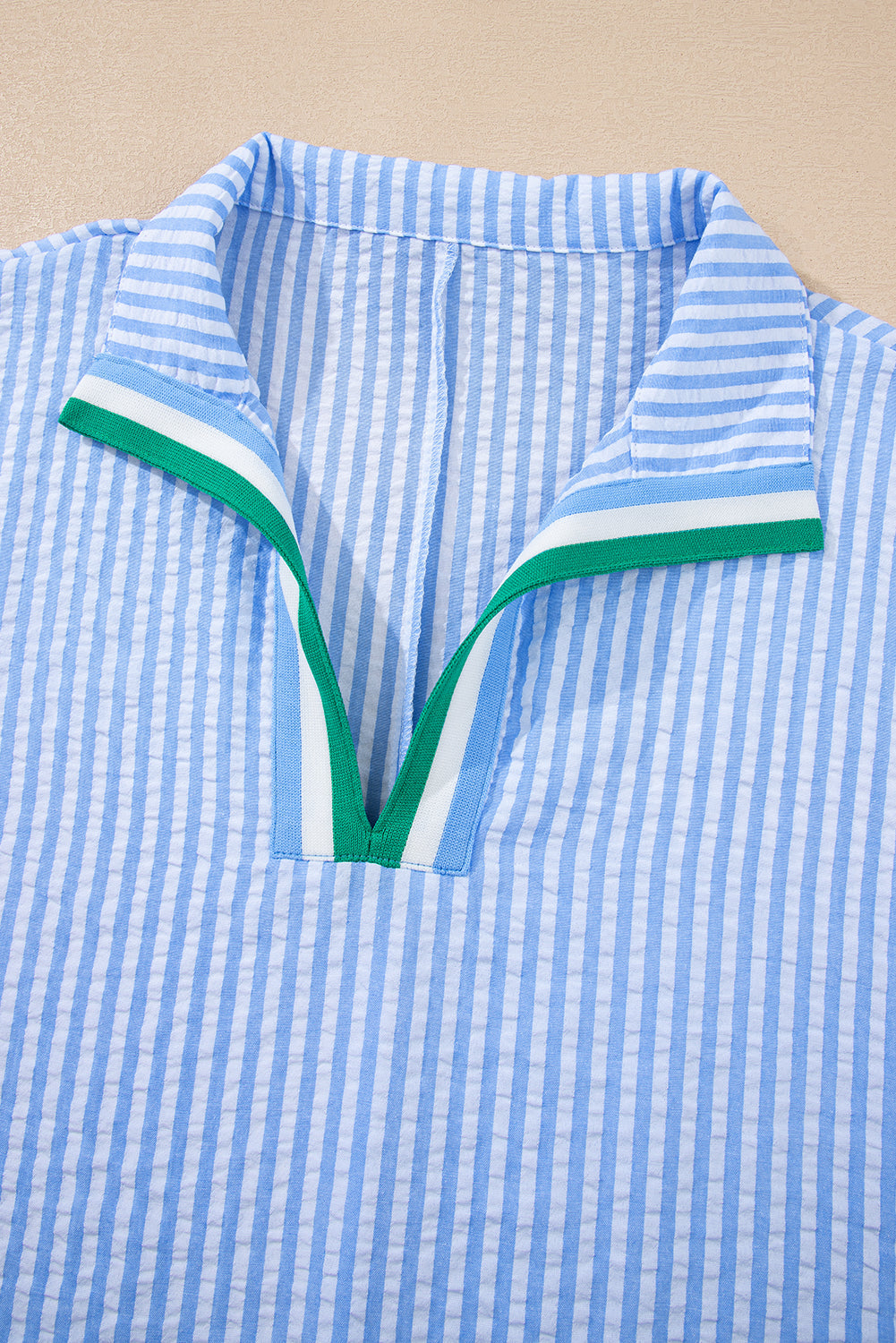 Striped Print Contrast Split Neck Dolman Sleeve Blouse eAura