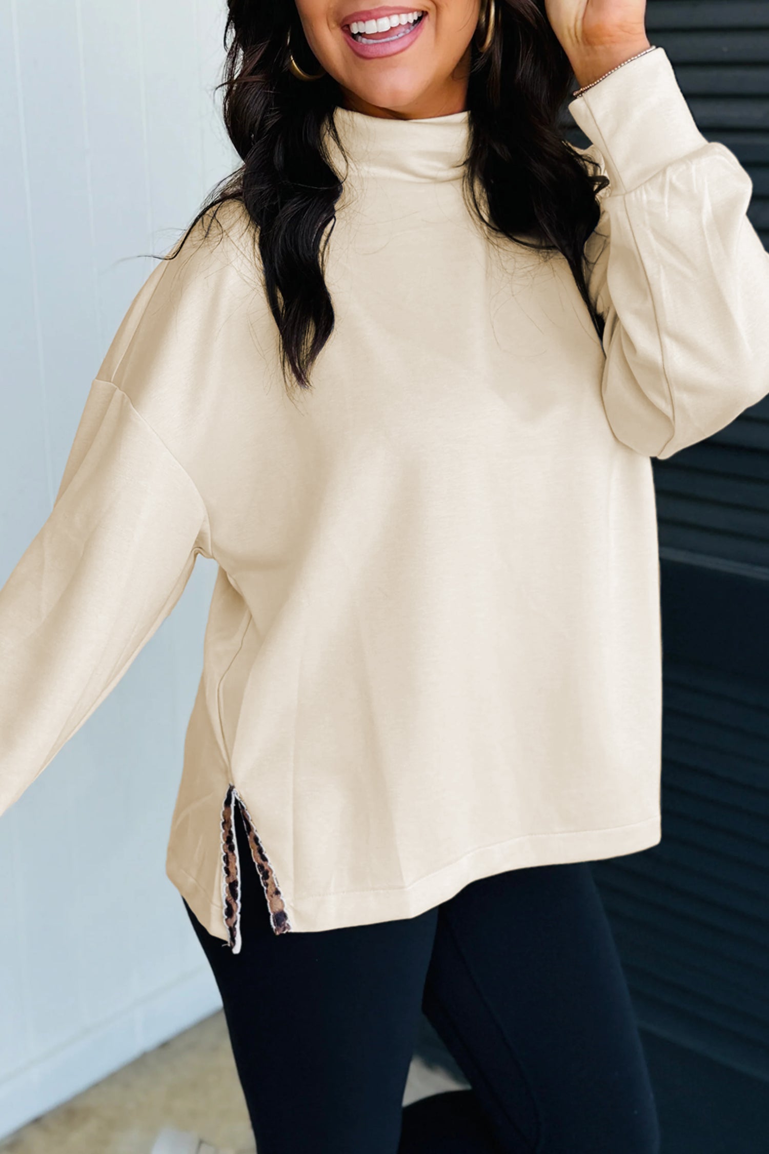 Mock Neck Long Sleeve Leopard Detail Split Hem Top – Beige