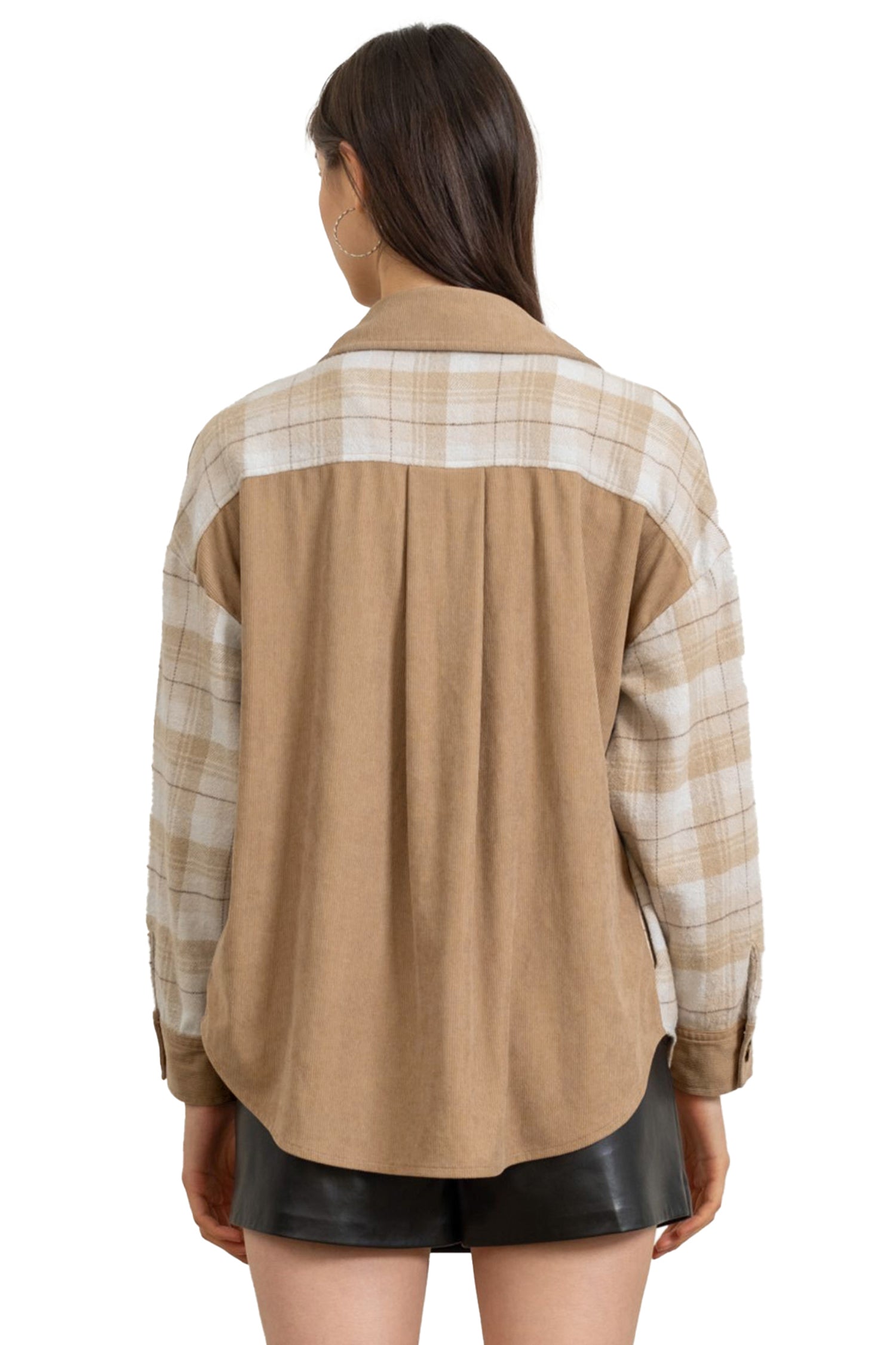 Plaid Colorblock Shirt Collar Shift Shacket – Light French Beige