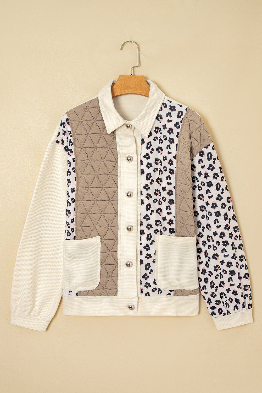 Khaki Leopard Waffle Quilted Patchwork Button Front Jacket eAura