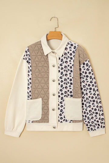Khaki Leopard Waffle Quilted Patchwork Button Front Jacket eAura
