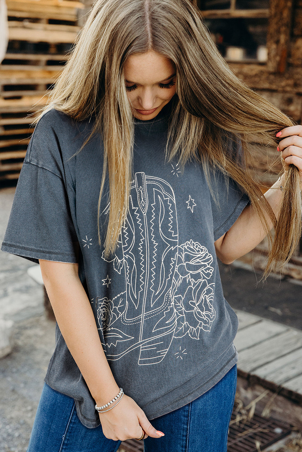 High-Rise Western Cowboy Boots Graphic Tee eAura