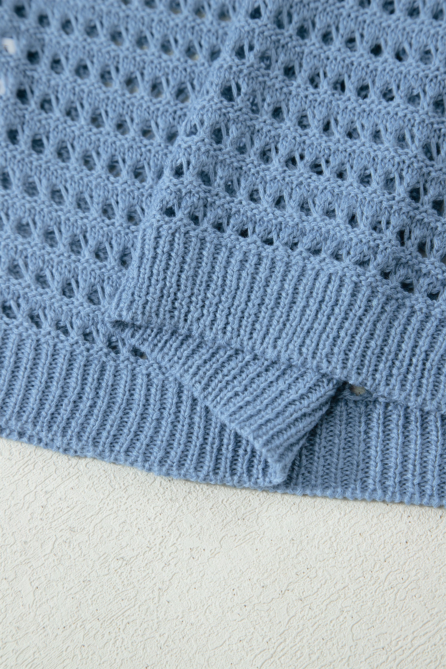 Myosotis Solid Color Hollow Out Knit Long Sleeve Crochet Sweater – Blue