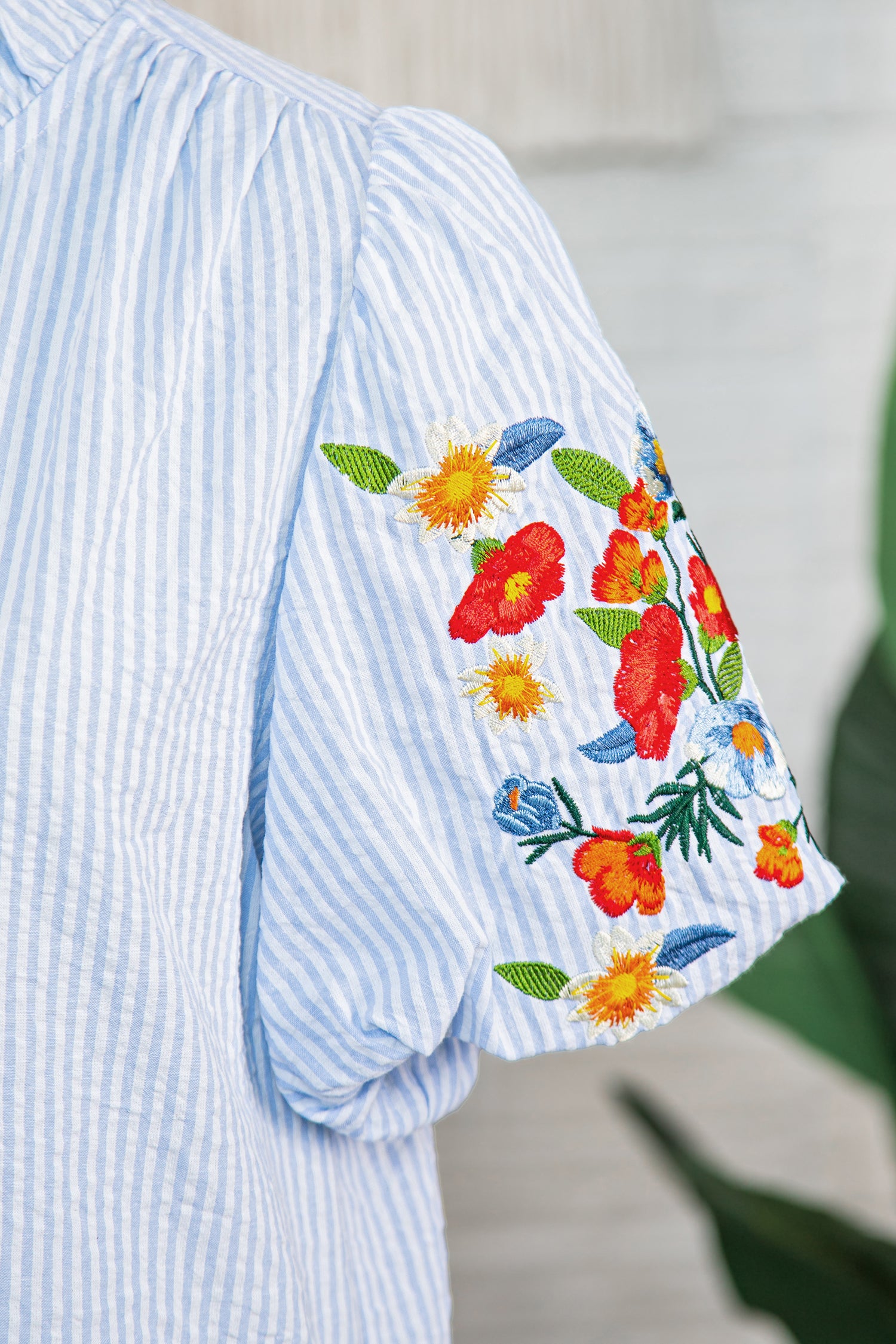 Striped Shirt Floral Detailed Short Sleeve