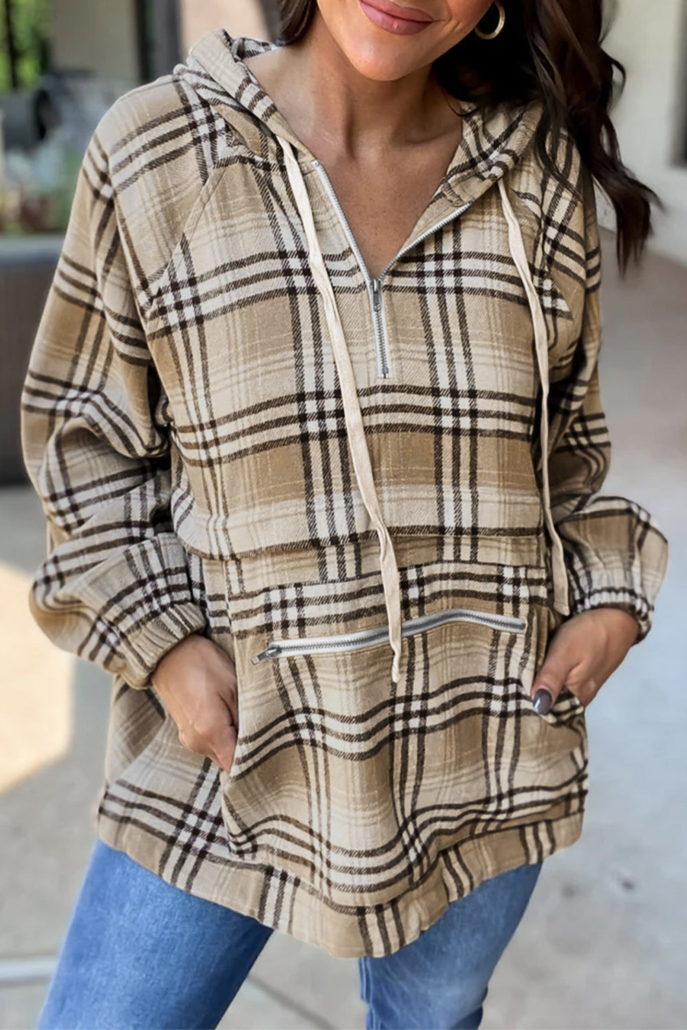 Khaki Printed Zipped Front Pullover Plaid Hoodie eAura