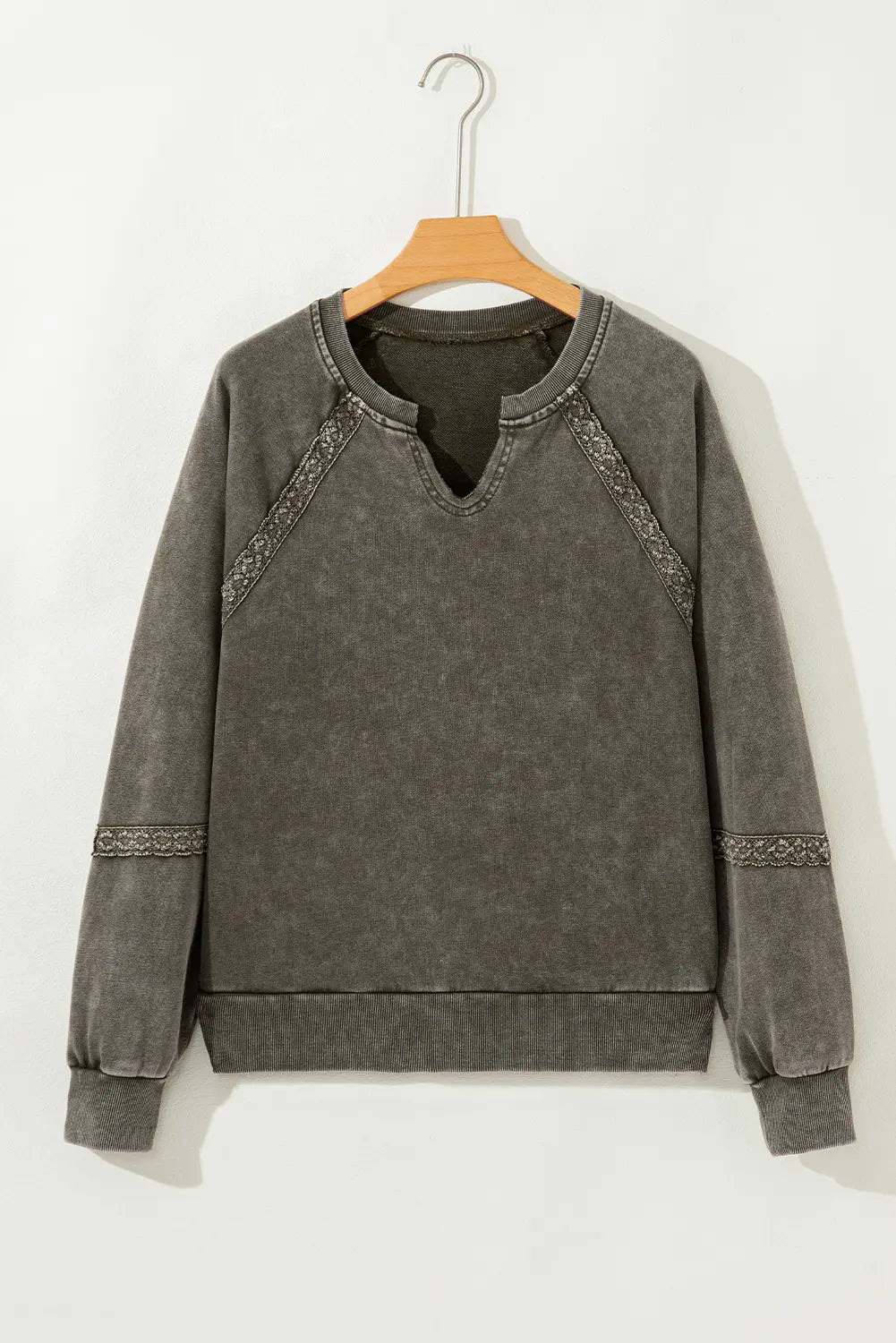 Lace Patchwork Detail Notched Neck Mineral Wash Baggy Sweatshirt - Tops/Sweatshirts & Hoodies
