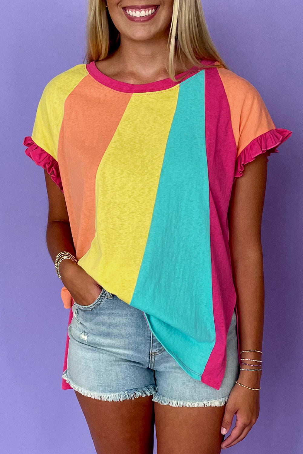 Rose Red Colour Block Ruffled Crew Neck Loose Fit T Shirt eAura