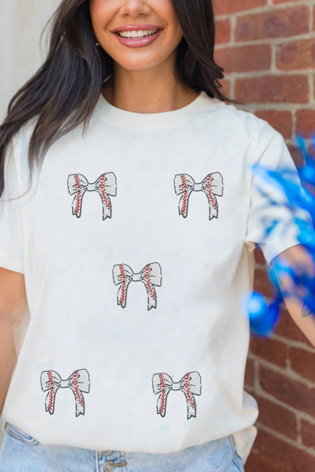 White Glitter Baseball Bow Patched Cotton Blend T-Shirt eAura