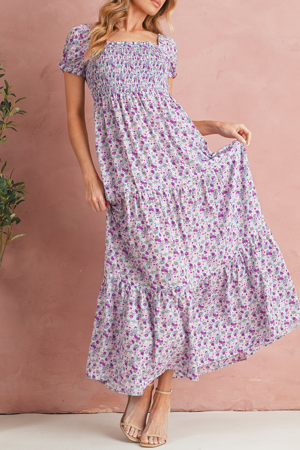 Floral Short Bubble Sleeve Smocked High Waist Maxi Dress