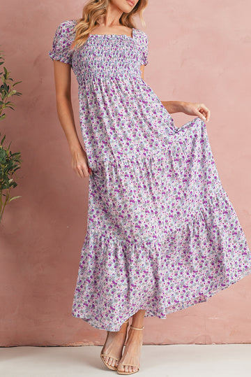 Floral Short Bubble Sleeve Smocked High Waist Maxi Dress