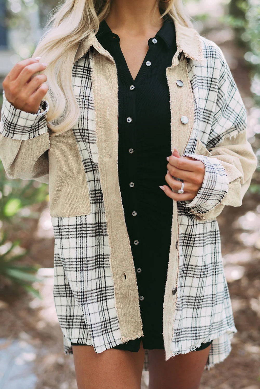 Khaki Distressed Raw Edge Plaid Patchwork Denim Jacket Beagle Boutique Fashion Outlet