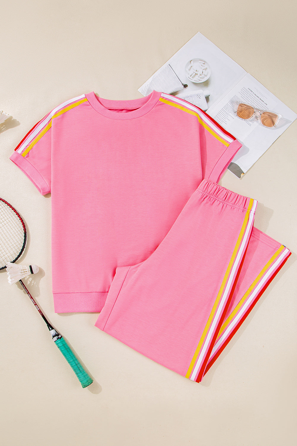 Contrast Crewneck T Shirt and Wide Leg High Waist Trousers Co-ord eAura