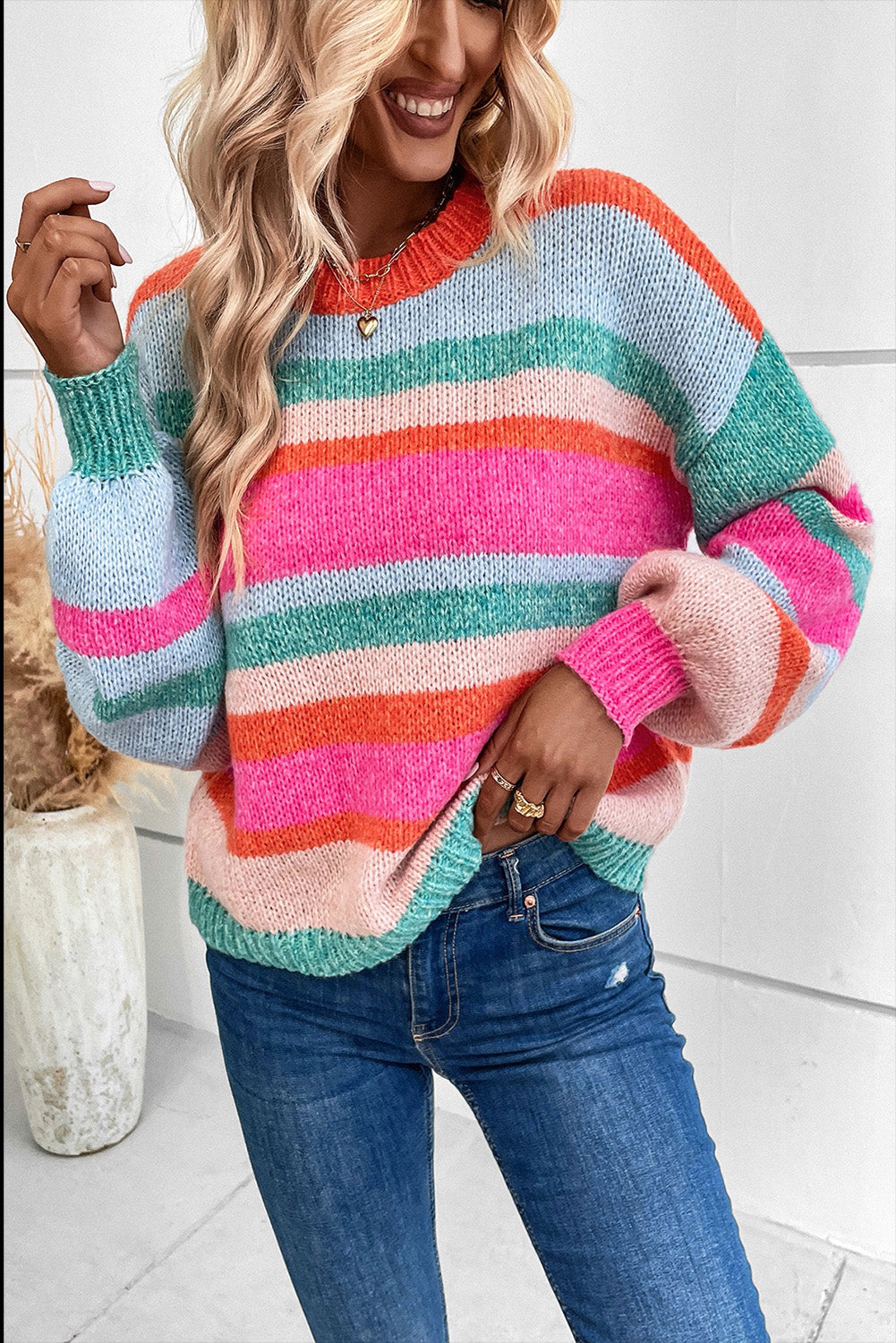 MultiColour Striped Knit Drop Shoulder Puff Sleeve Sweater eAura