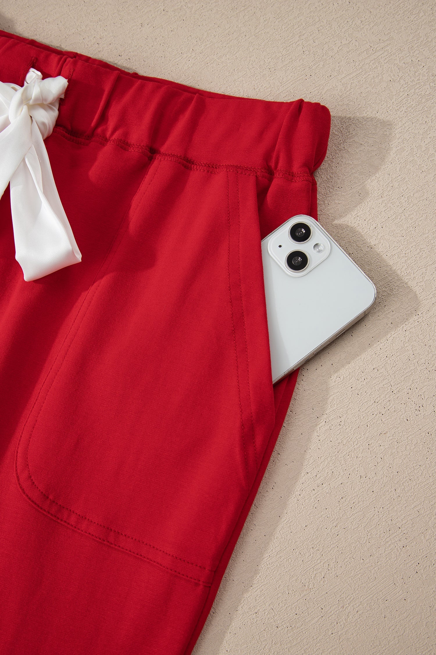 Fiery Red Contrast Trim Button V Neck Ribbon Bow Knot Waist 2pcs Lounge Pant Set - eAura