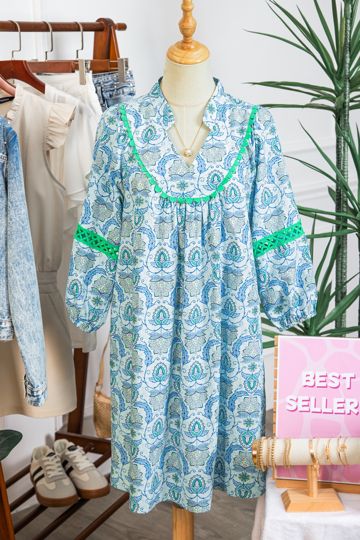 Boho Paisley Print Contrast Patchwork Detail Bracelet Sleeve Loose Mini Dress
