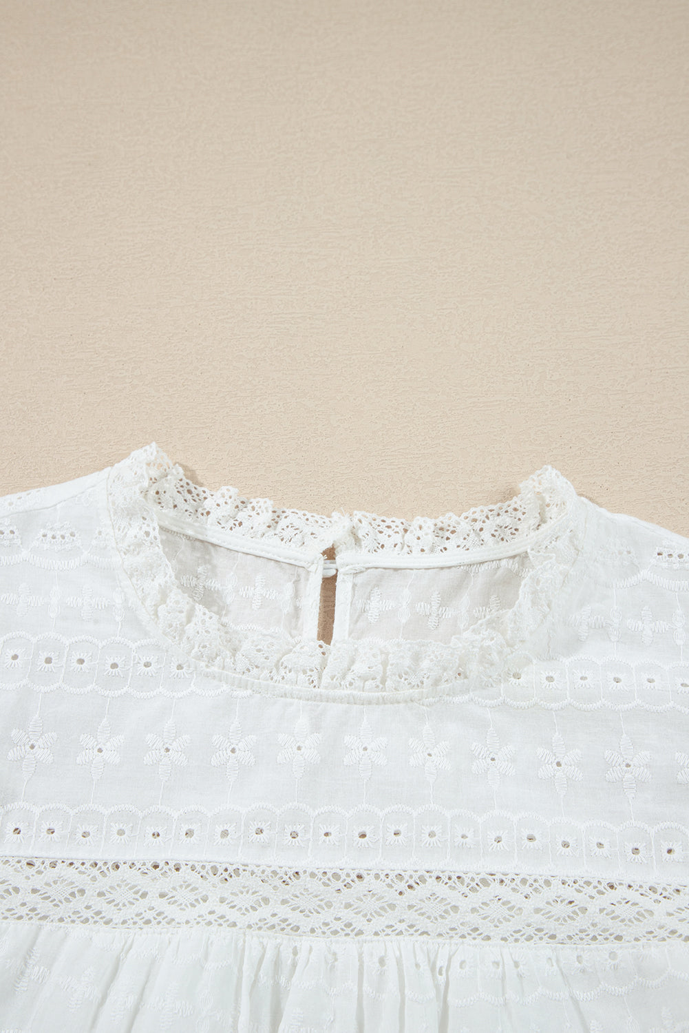 White Lace Neckline Flutter Sleeve Eyelets Blouse eAura