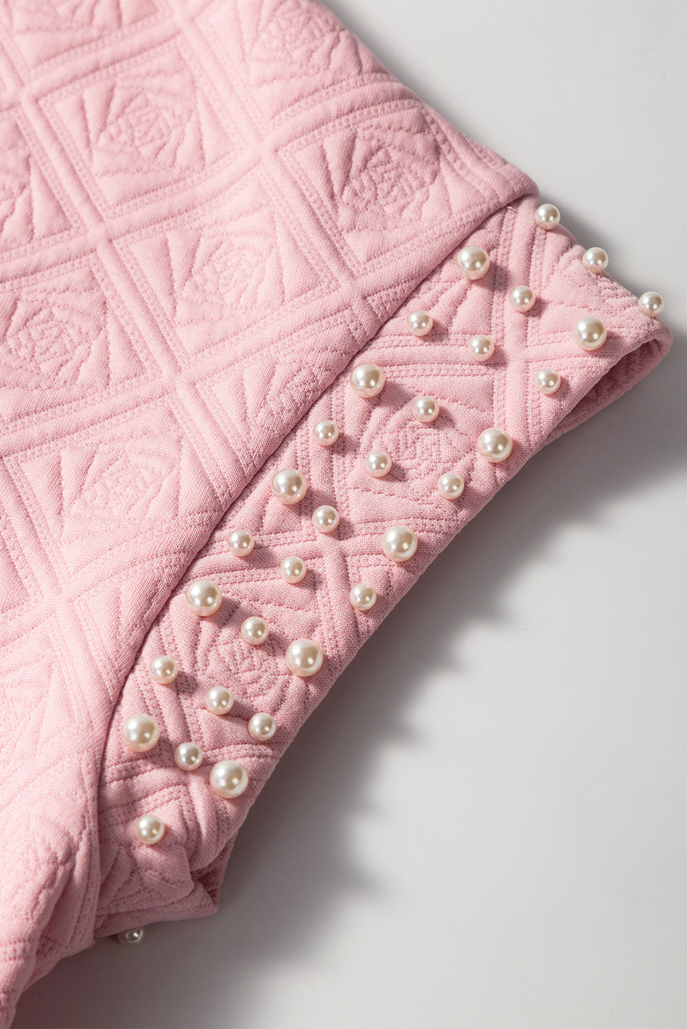 Light Pink Pearl Embellished Flower Textured T Shirt eAura