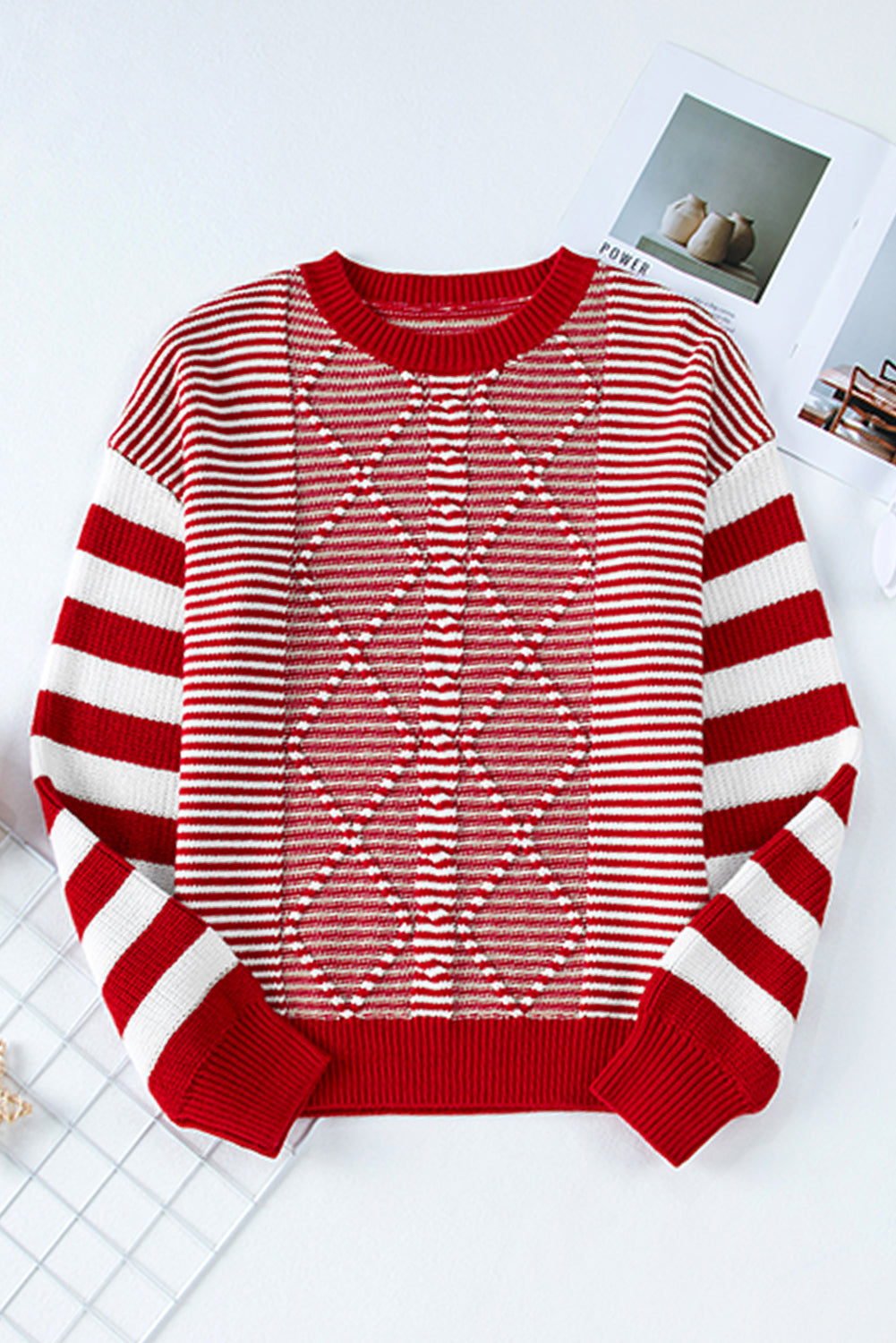 Red Stripe Geometric Textured Drop Shoulder Sweater eAura