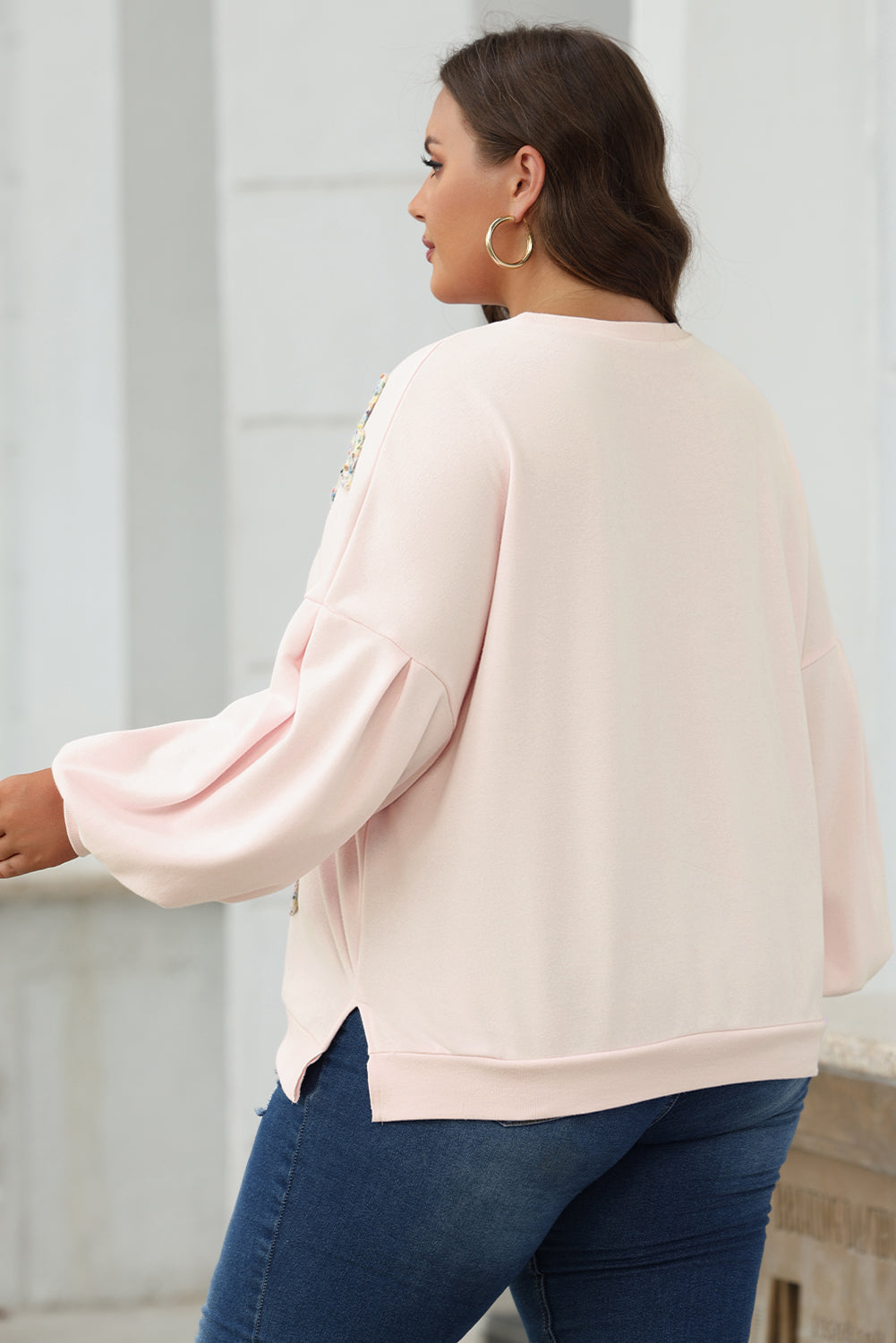 Parchment Embroidered Bow Lantern Sleeve Oversized Pullover Sweatshirt eAura