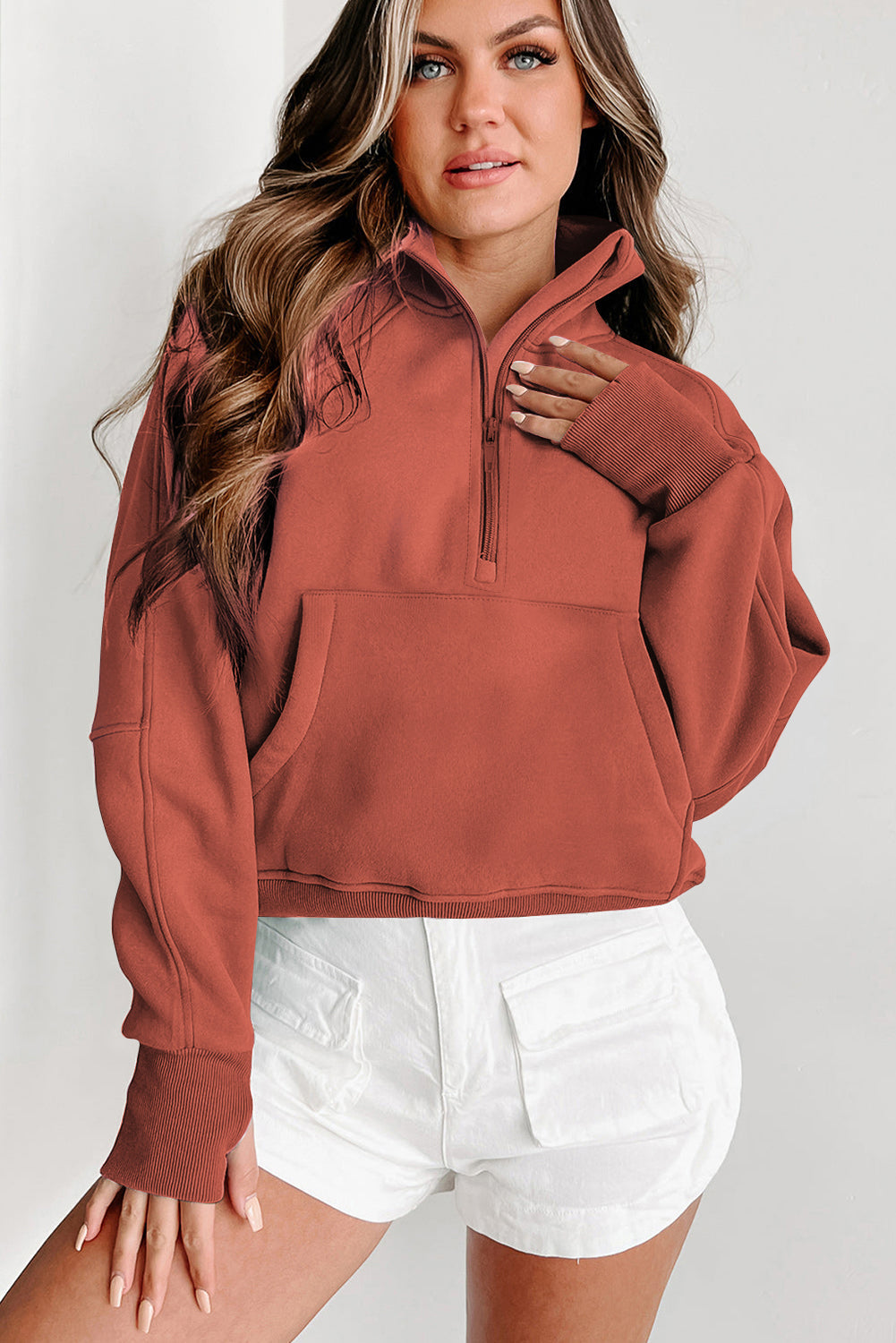 Phalaenopsis Fleece Lined Zip Up Stand Collar Thumbhole Sleeve Sweatshirt eAura
