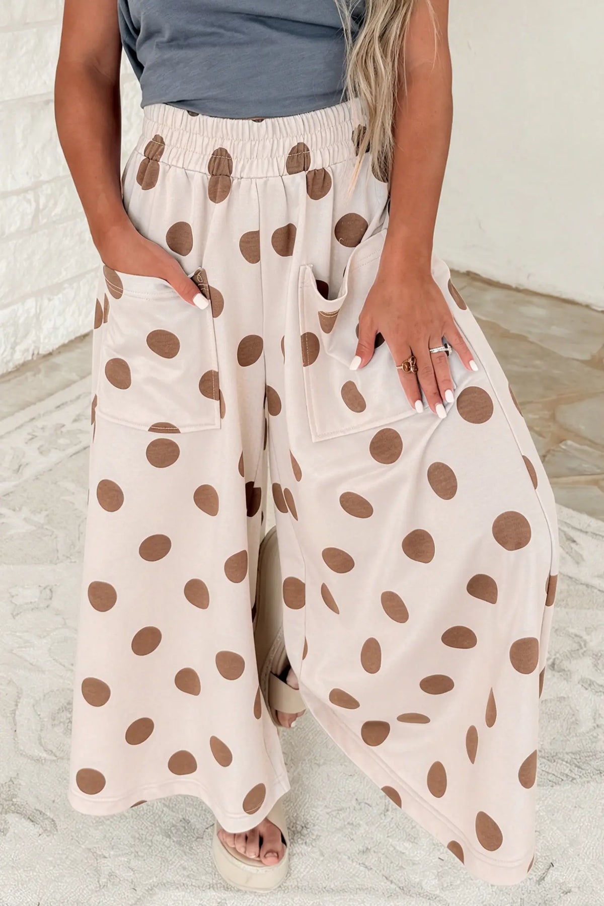Sky Blue Polka Dot Wide Leg Elastic Waist Casual Pants – Light Blue
