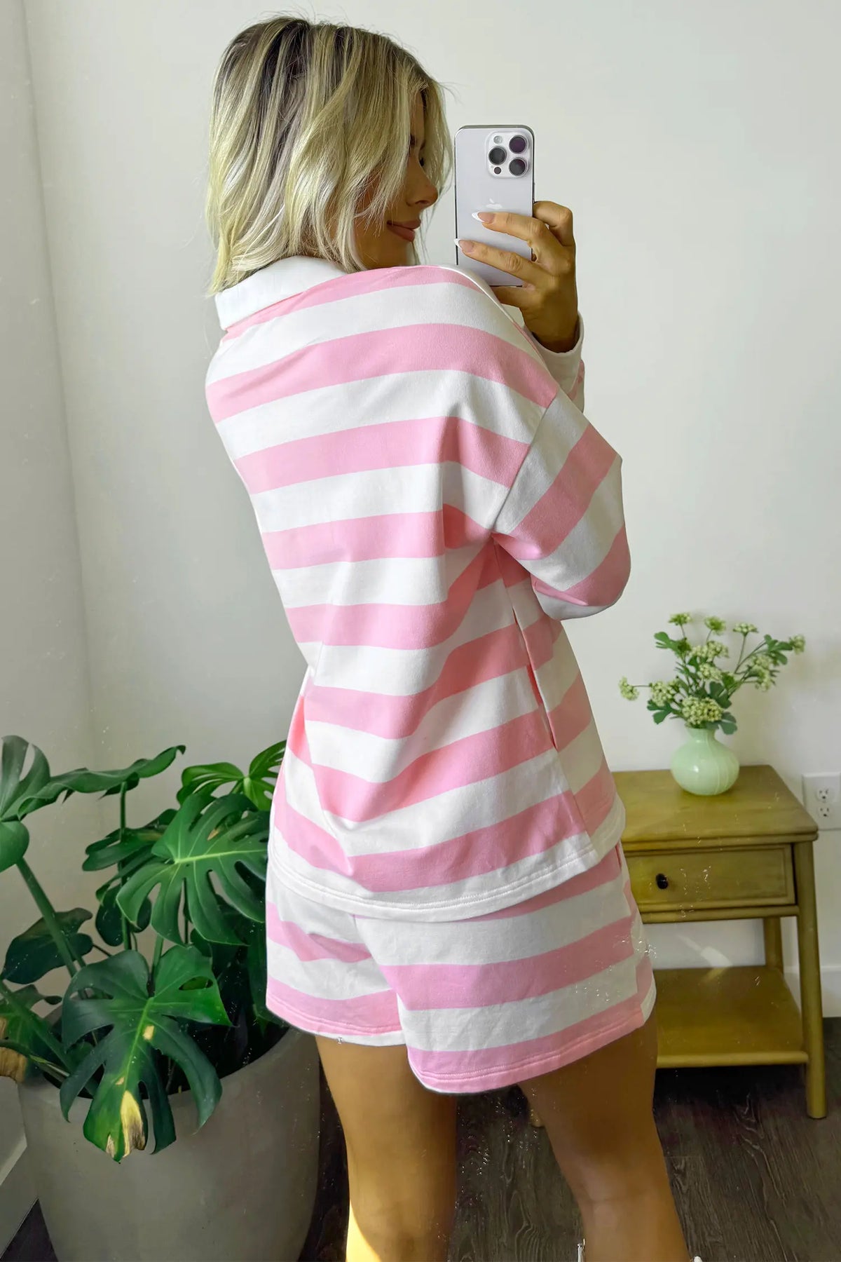 Patchwork Zipper Pullover Elastic Waist Shorts 2pcs Set – Pink Stripe