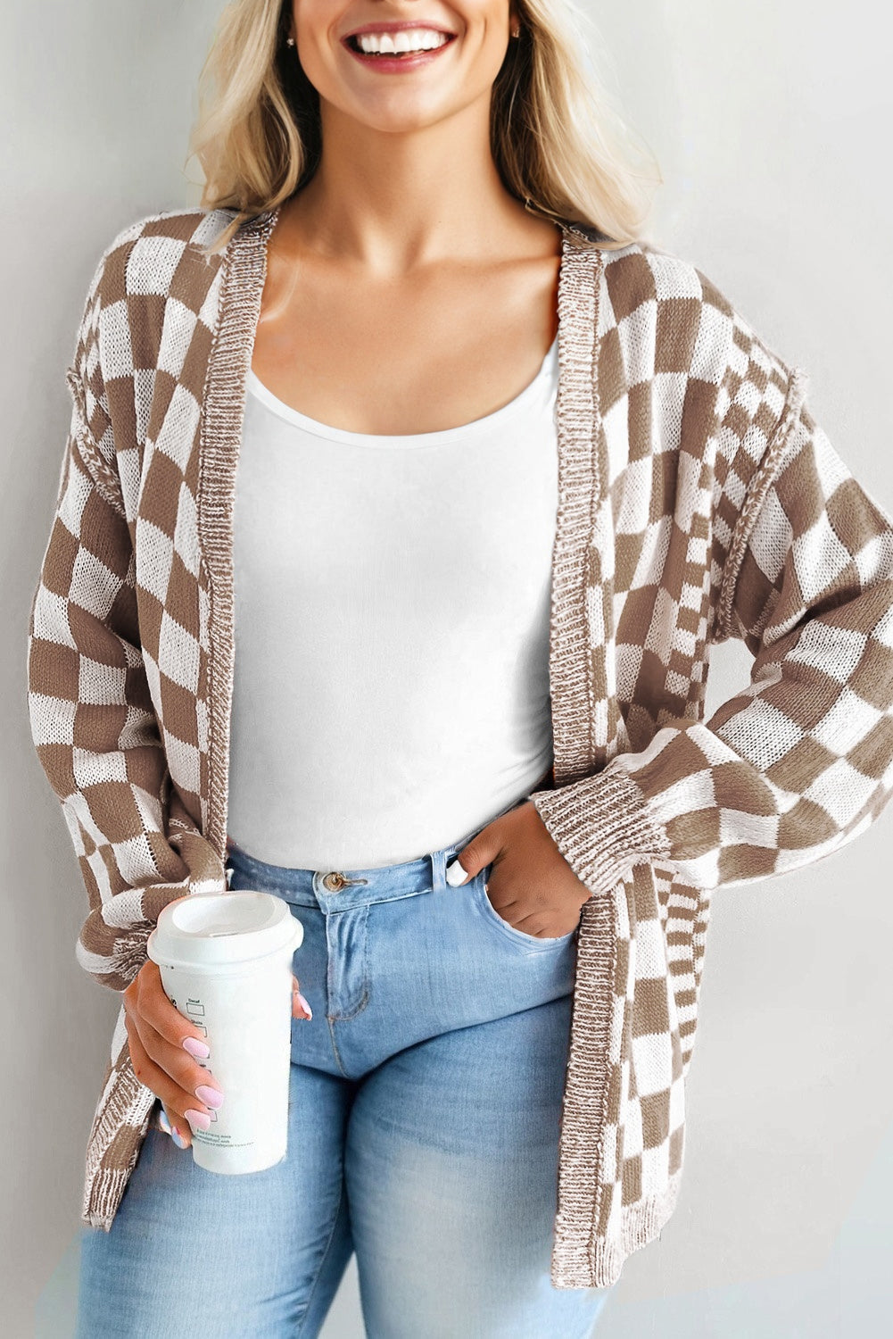 Checkered Bubble Sleeve Drop Shoulder Open Cardigan eAura