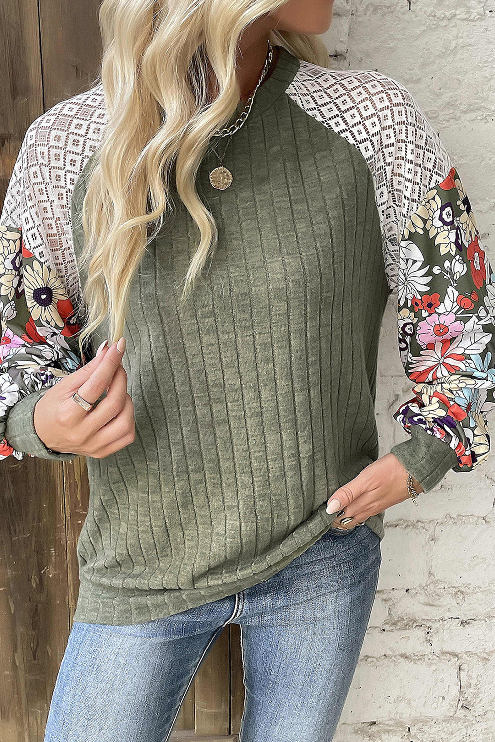 Laurel Green Floral Patchwork Long Sleeve Ribbed Blouse eAura