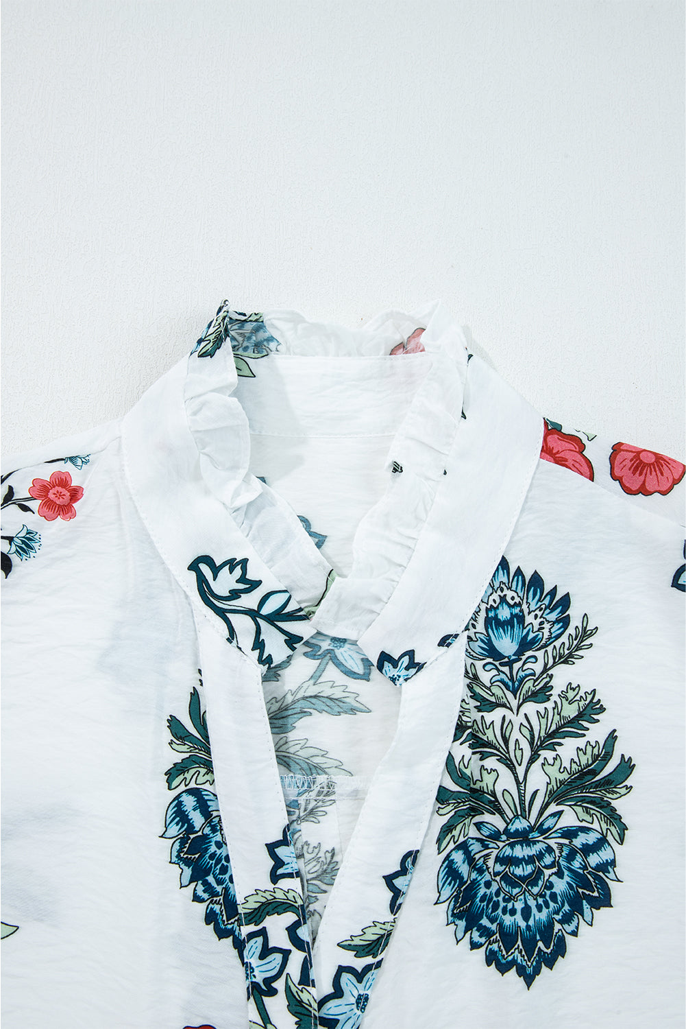 White Floral Print Frilled Collar V-Neck Long Sleeve Shirt - eAura