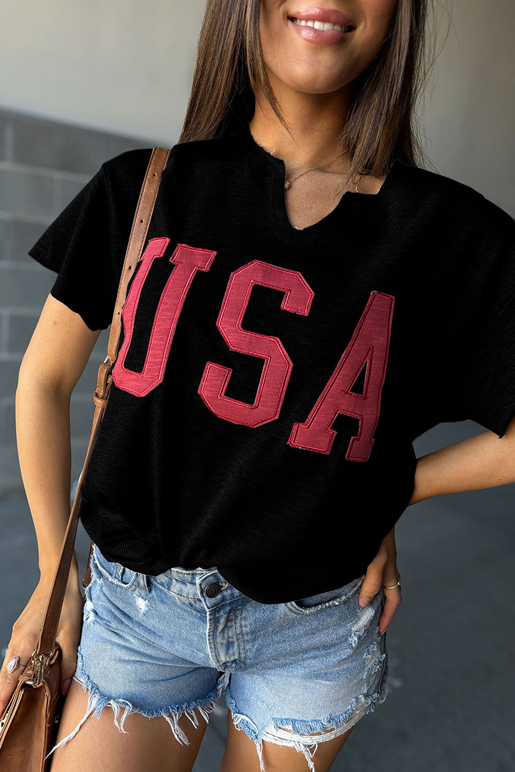Black USA Lettering Patch Notched Neck Loose Tee - eAura