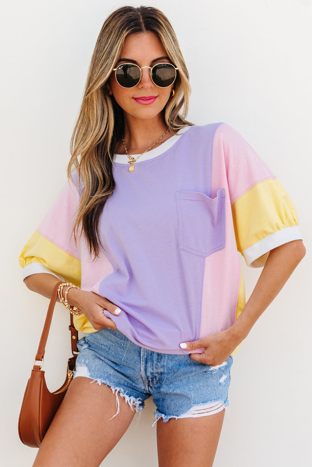 Purple Colour Block Patchwork Half Sleeve Oversized T Shirt eAura