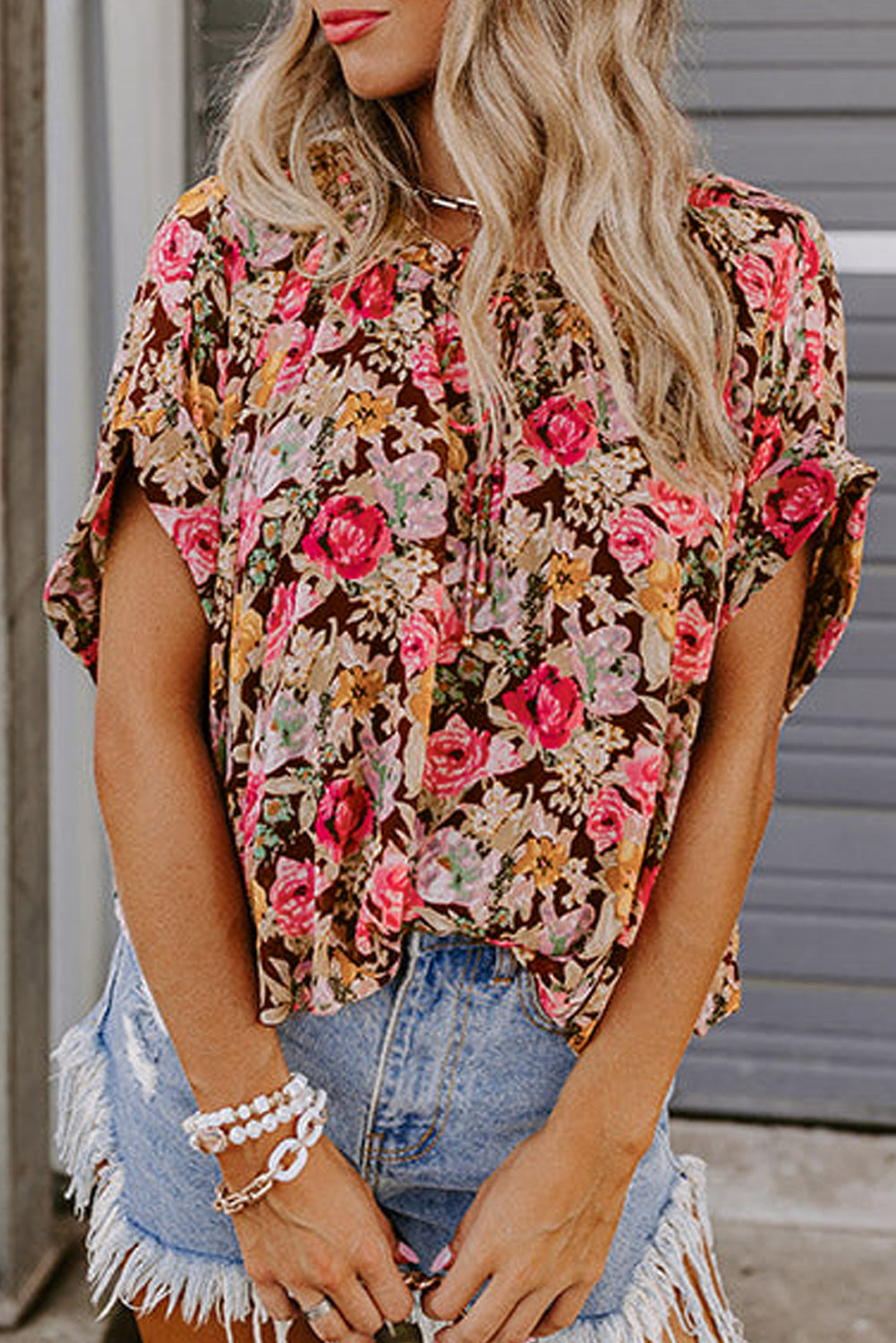 Pink Floral Print Crew Neck Short Sleeve Shift Blouse eAura