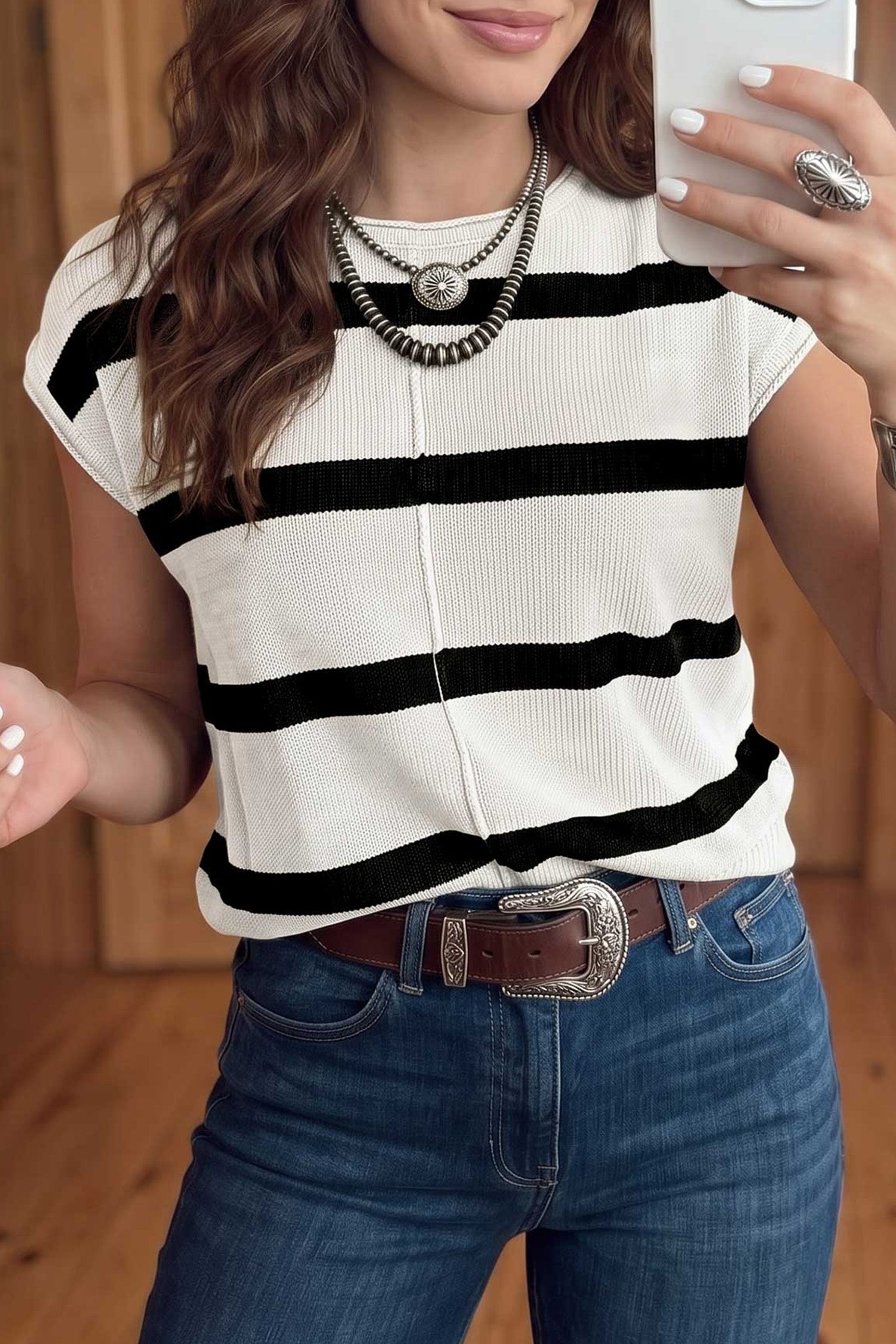 Knit Western Short Sleeve Sweater – Brown Stripe