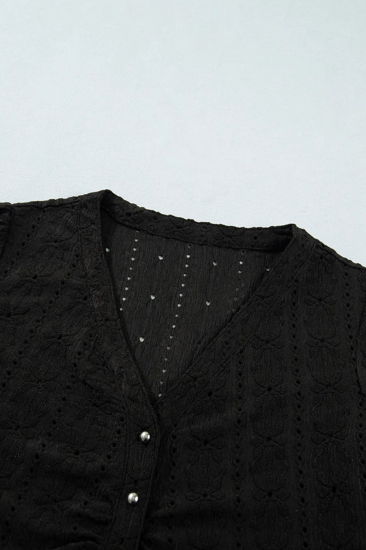 V Neck Floral Knit Long Sleeve Button Front Fit Blouse – Black