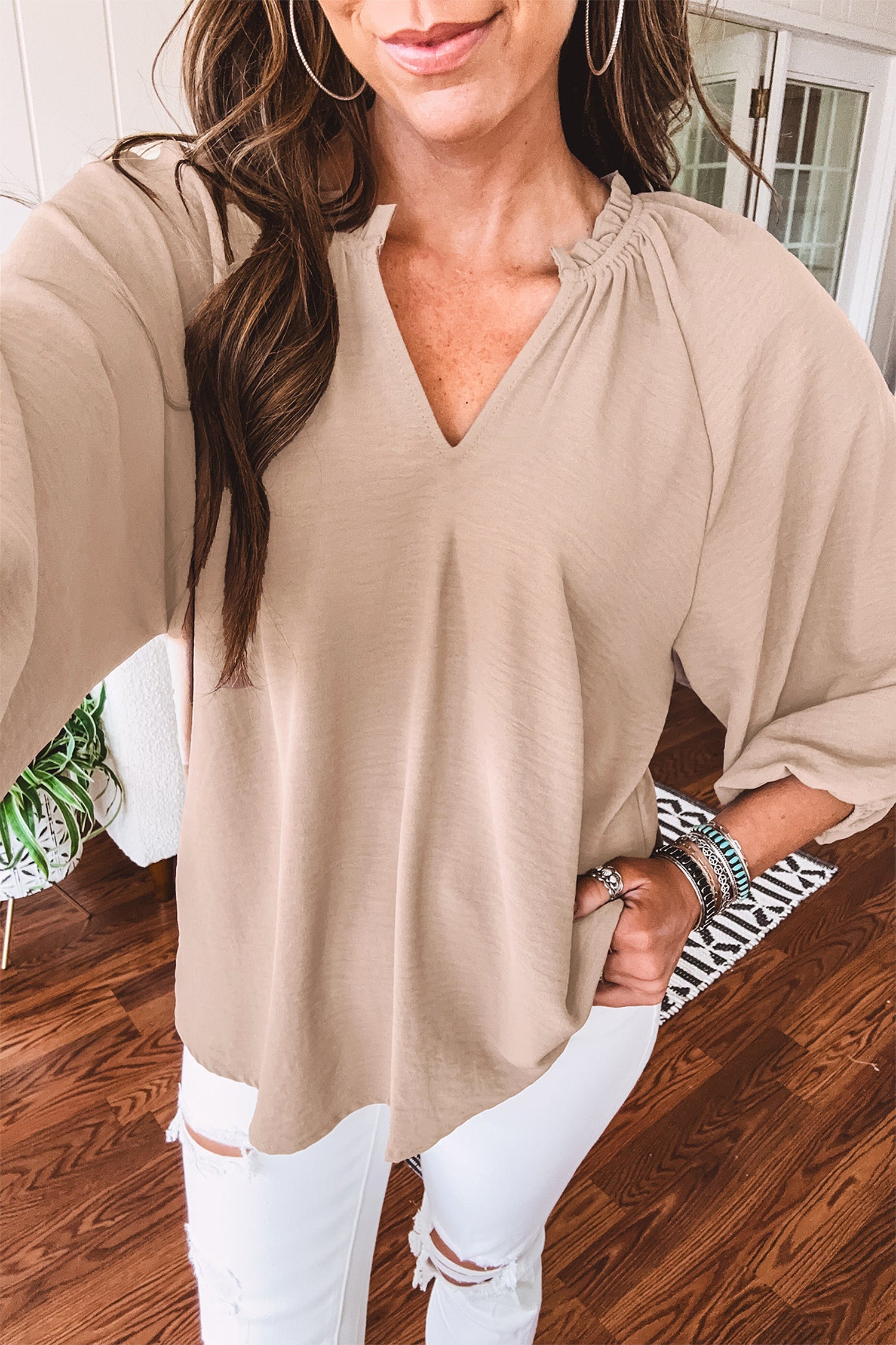 V Neck Gathered Cuff Three Quarter Sleeve Blouse – Parchment