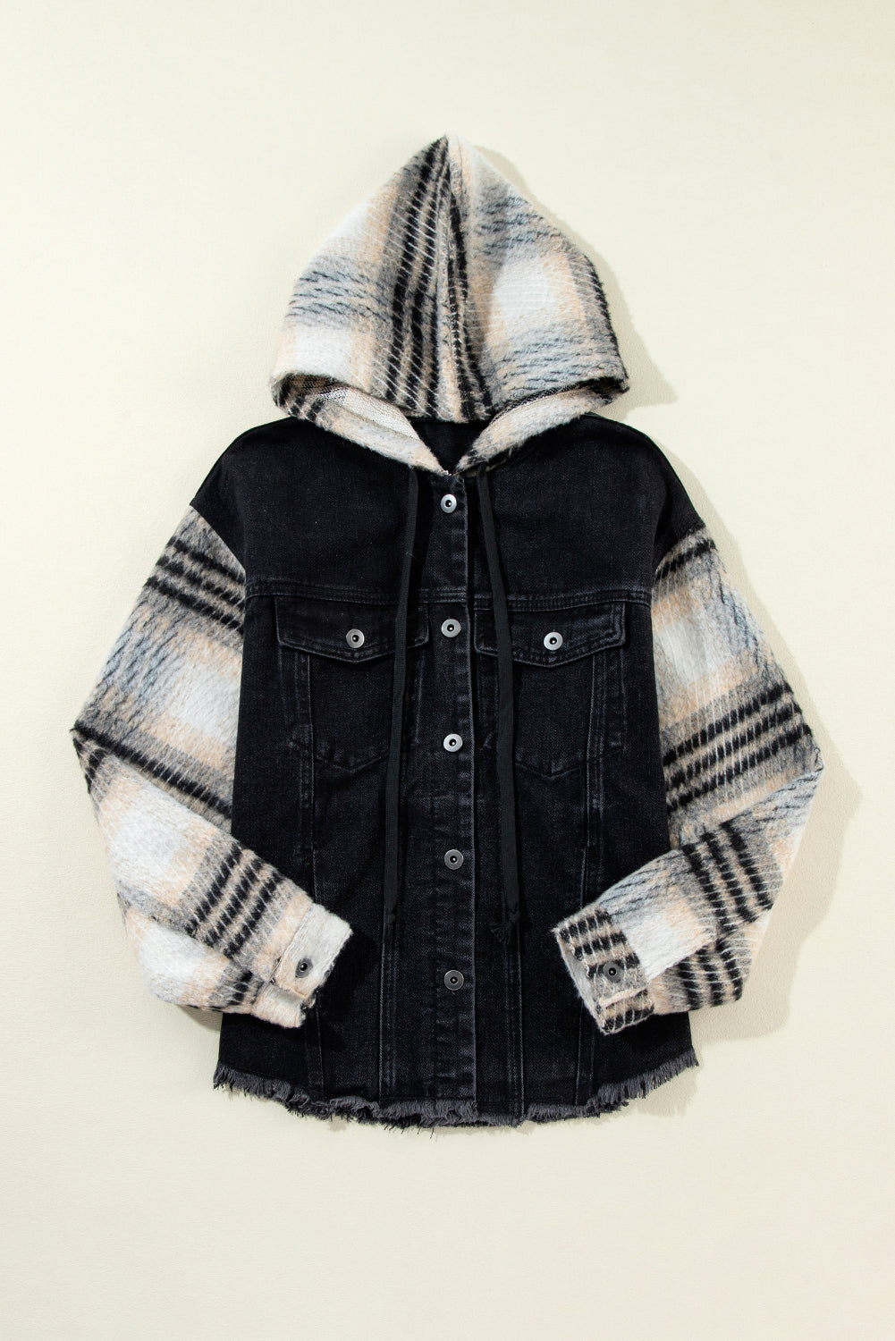 Black Plaid Sleeve Frayed Hem Hooded Denim Jacket Beagle Boutique Fashion Outlet