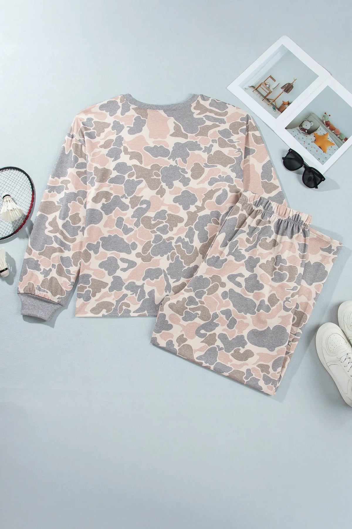 Camouflage Long Sleeve Round Neck Two-Piece Plus Size Set – Multicolour