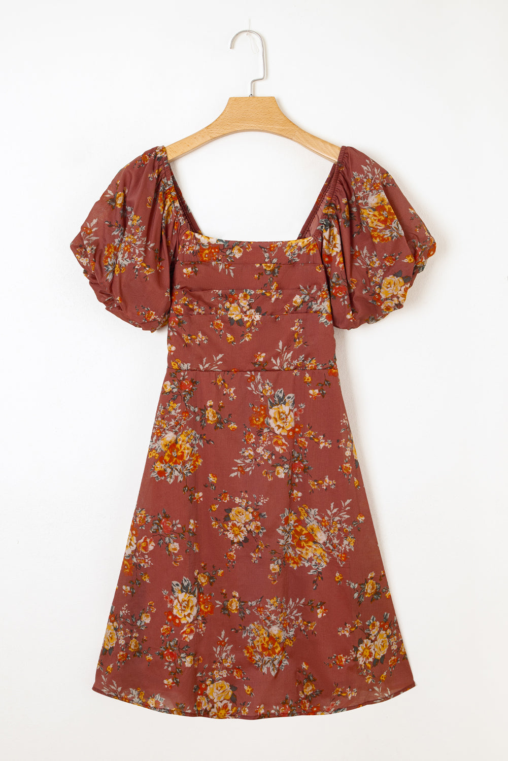 Floral Puff Sleeve Square Neck Knot Open Back Mini Dress eAura