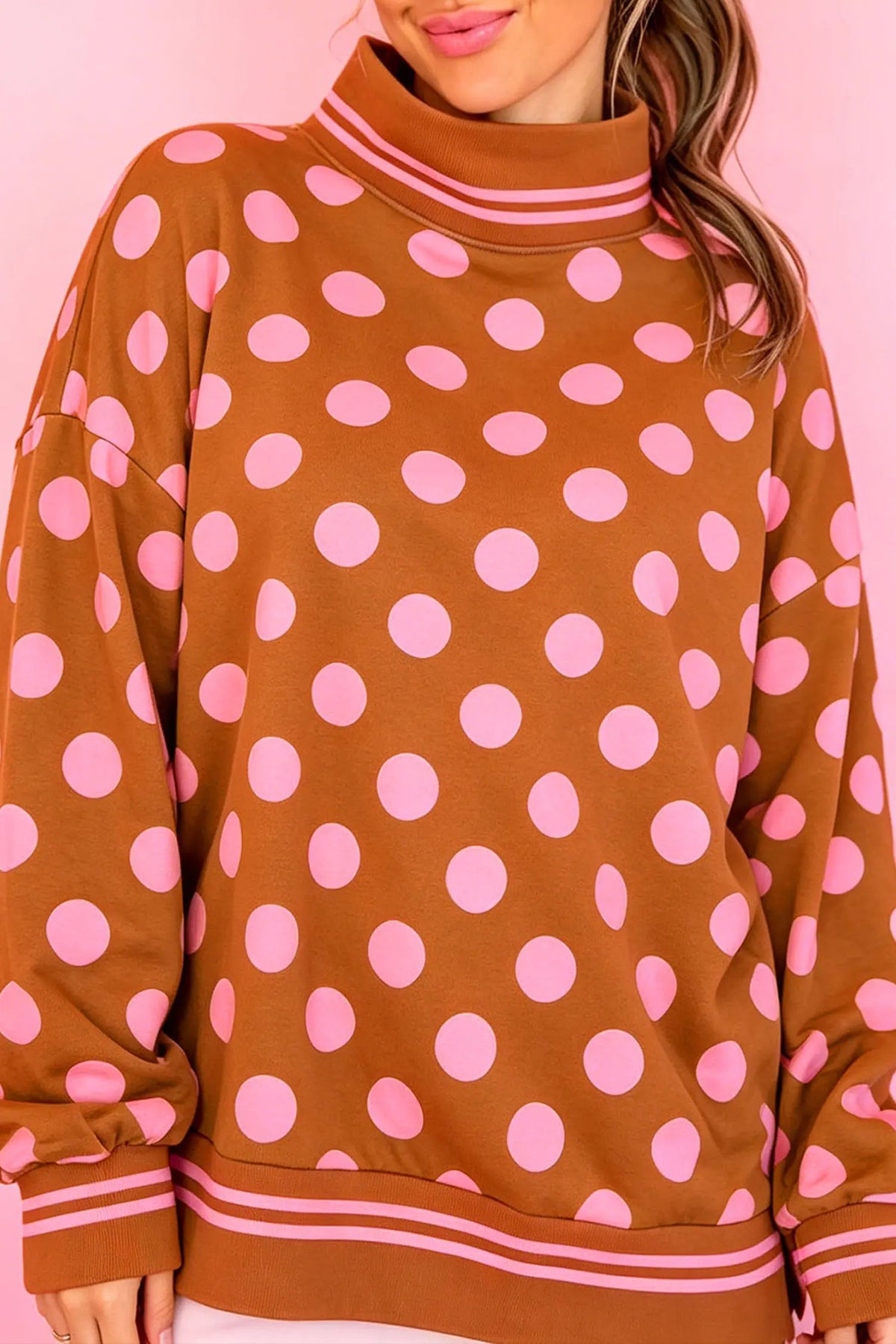 Mock Neck Sweatshirt - Polka Dot Striped Trim