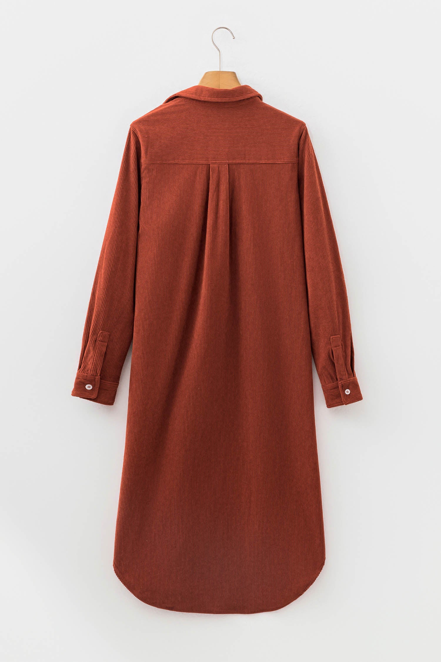 Long Sleeve Button Down Corduroy Midi Length One Piece Dress – Clay