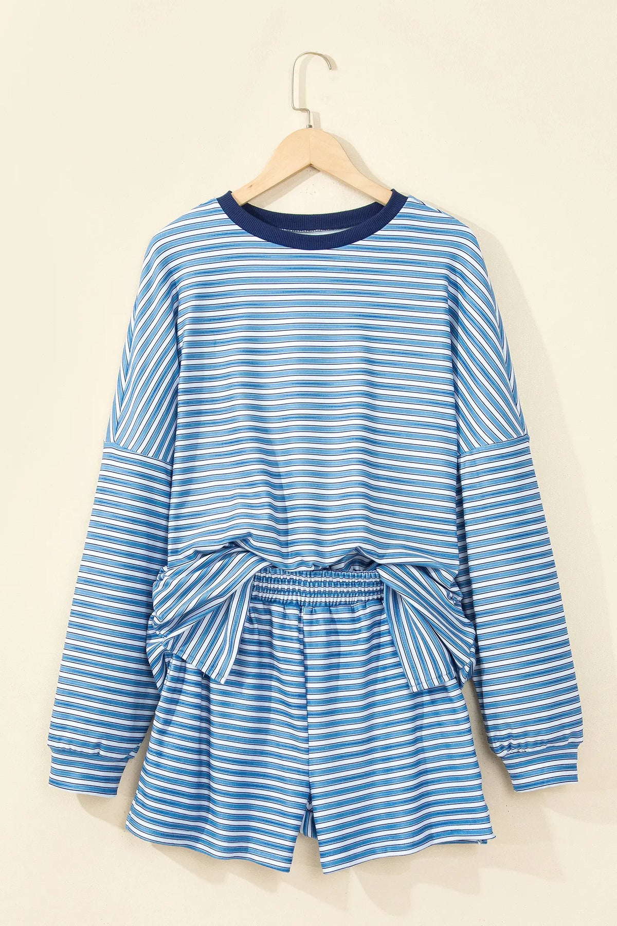 Long Sleeve Oversized Top Pocketed Casual Shorts Two Piece Set – Sky Blue Stripe