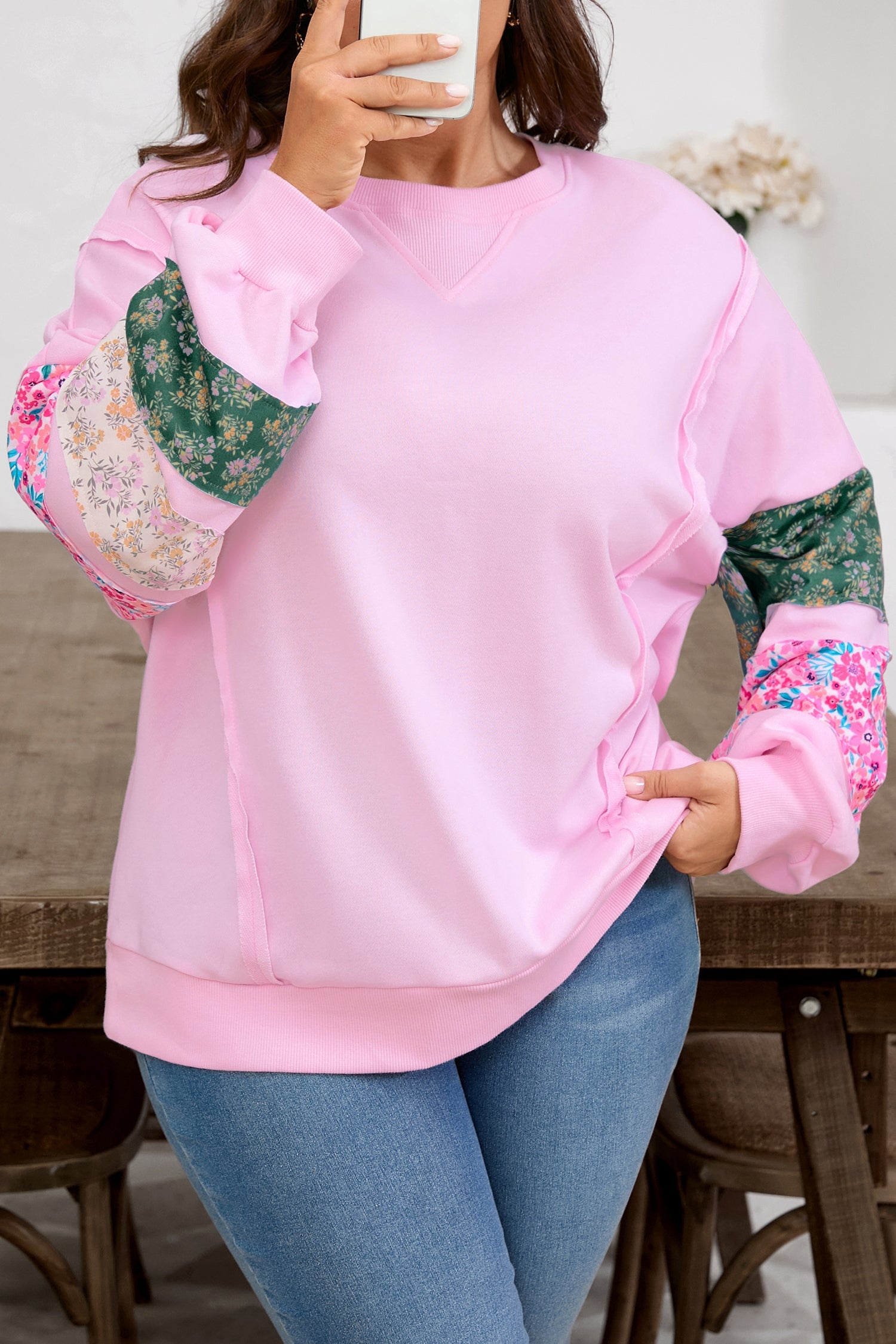 Pink Plus Size Mix Floral Patched Sleeve Ribbed Trim Oversized Sweatshirt - eAura