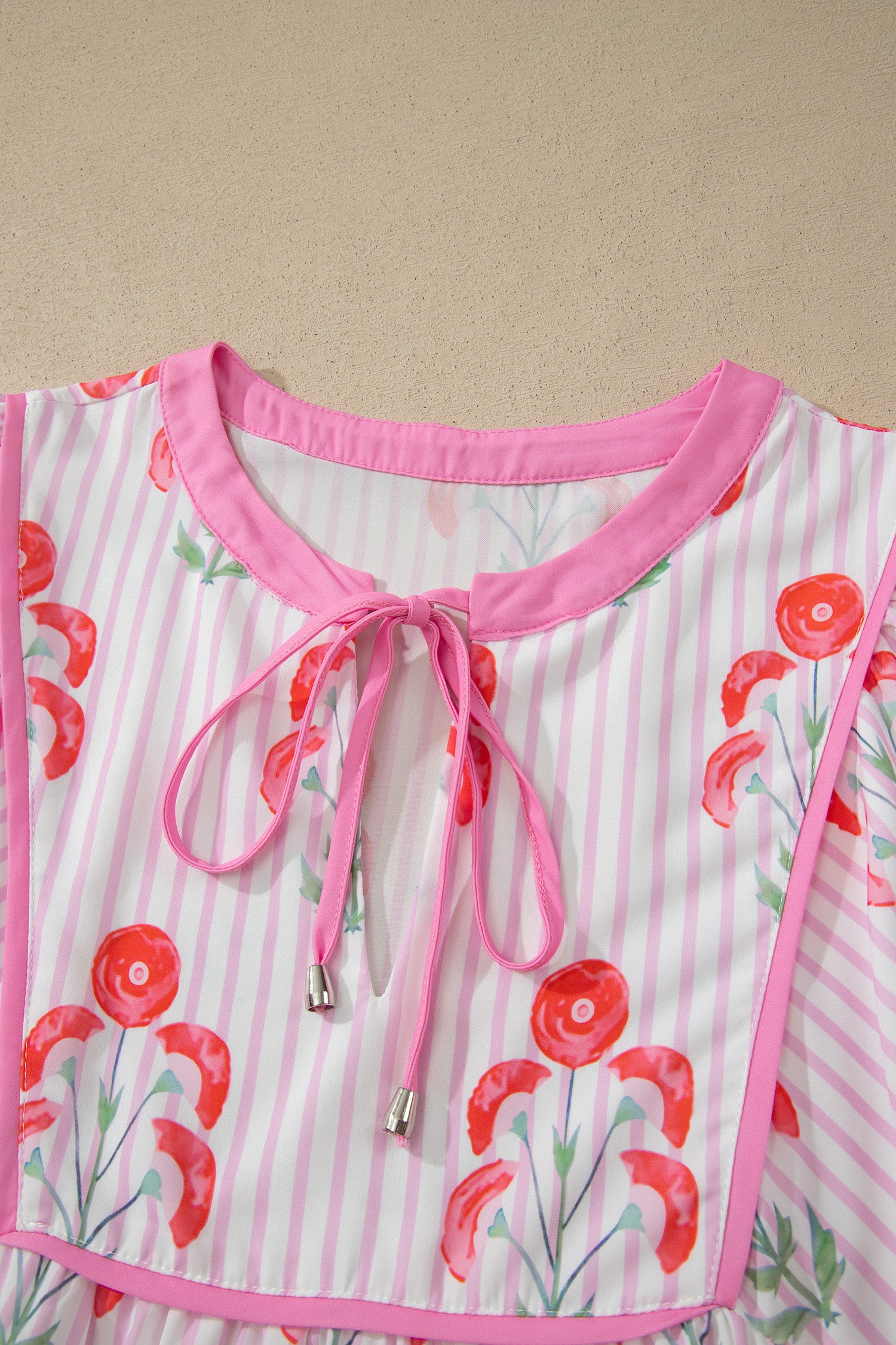Floral Striped Tie Neck Puff Sleeve Mini Dress – Light Blue & Pink