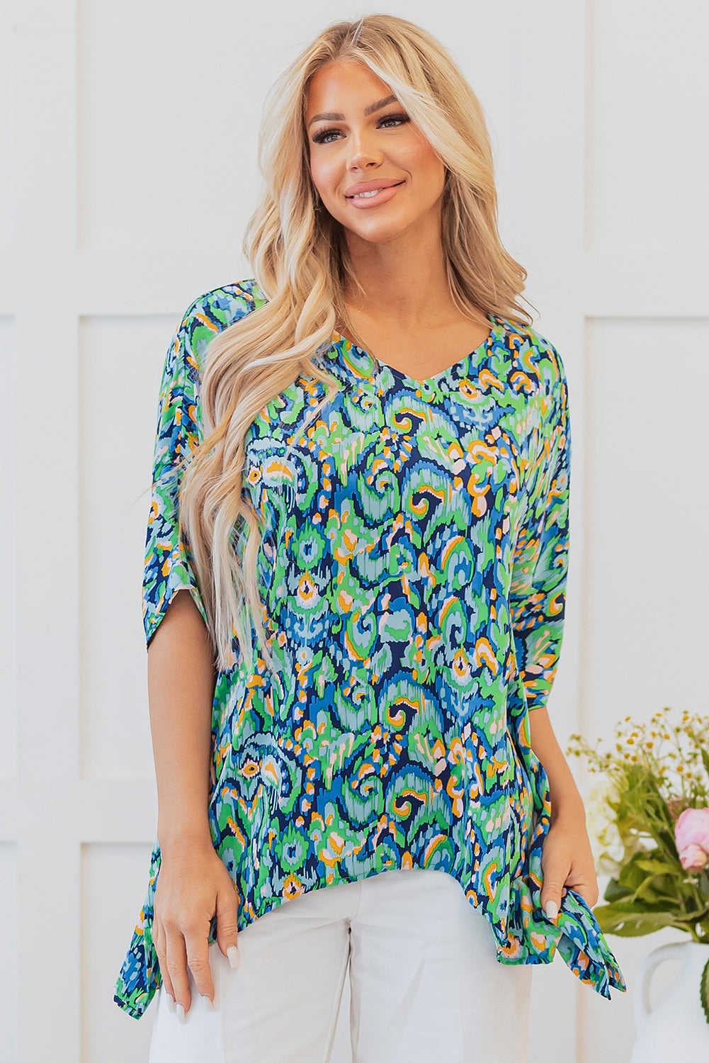 Green Abstract Print V Neck Half Sleeve Loose Fit Tunic Blouse eAura