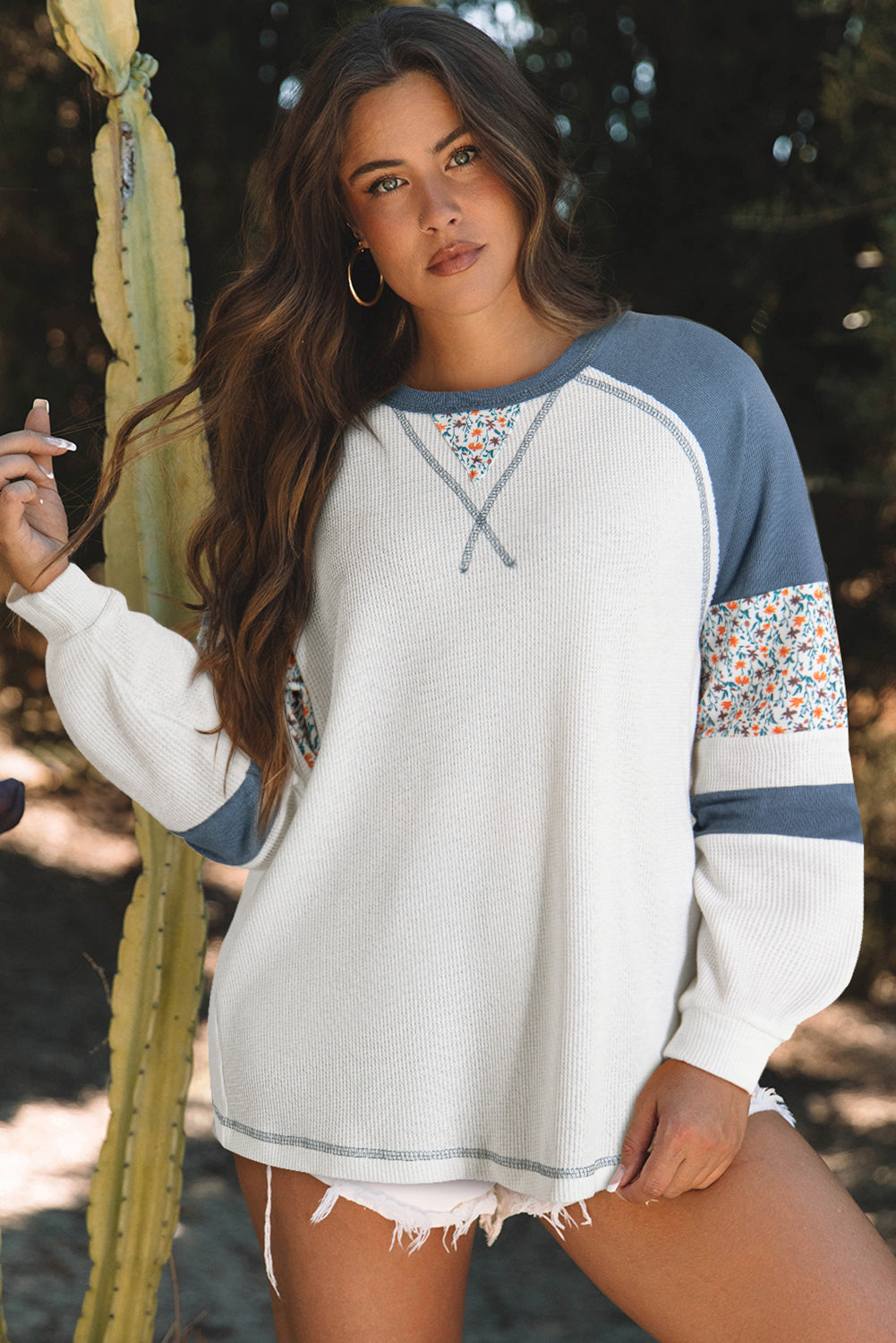 White Floral Patchwork Waffle Knit Raglan Top eAura