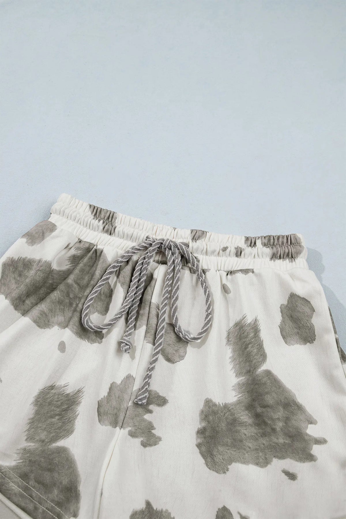 Western Print Raw Hem Long Sleeve Top Drawstring Shorts Set – Grey
