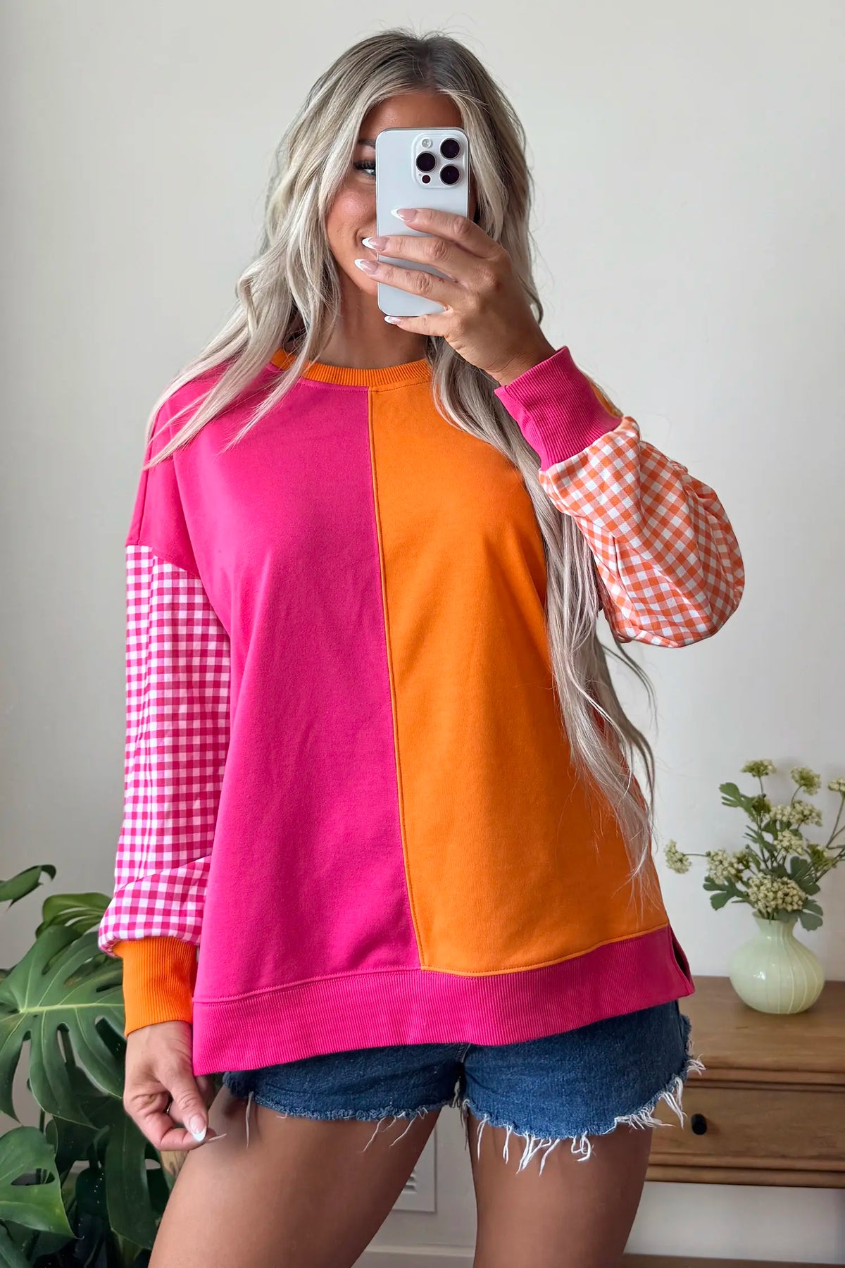 Colourblock Gingham Sleeve Crewneck Sweatshirt – Rose Red