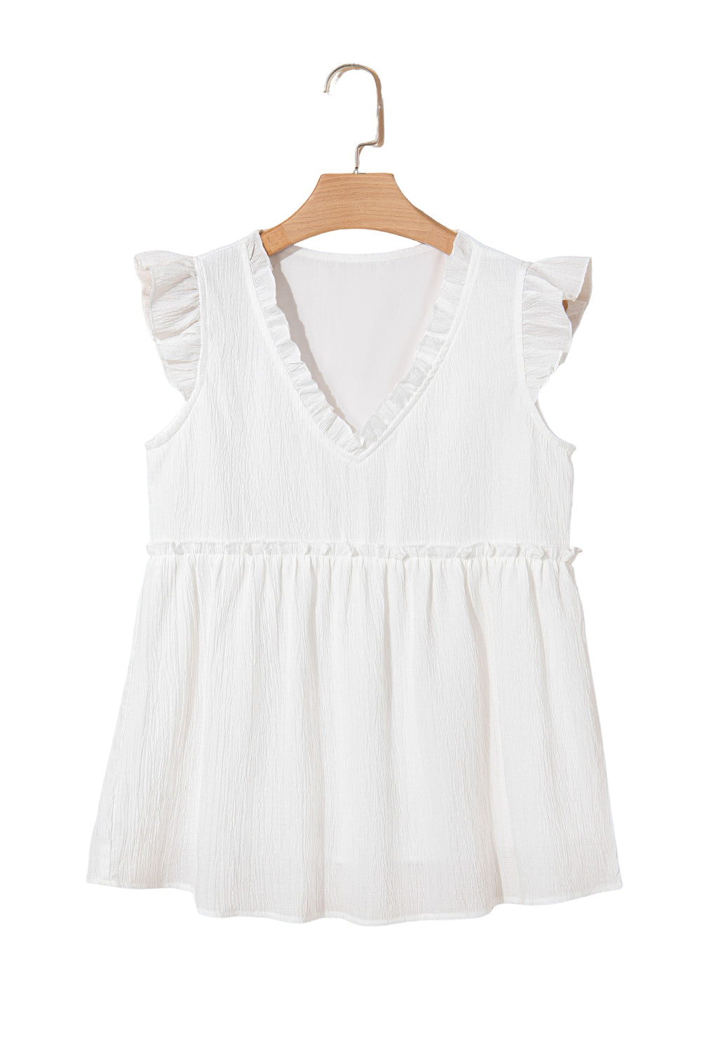 White Textured Ruffled Trim V Neck Flutter Flowy Top eAura