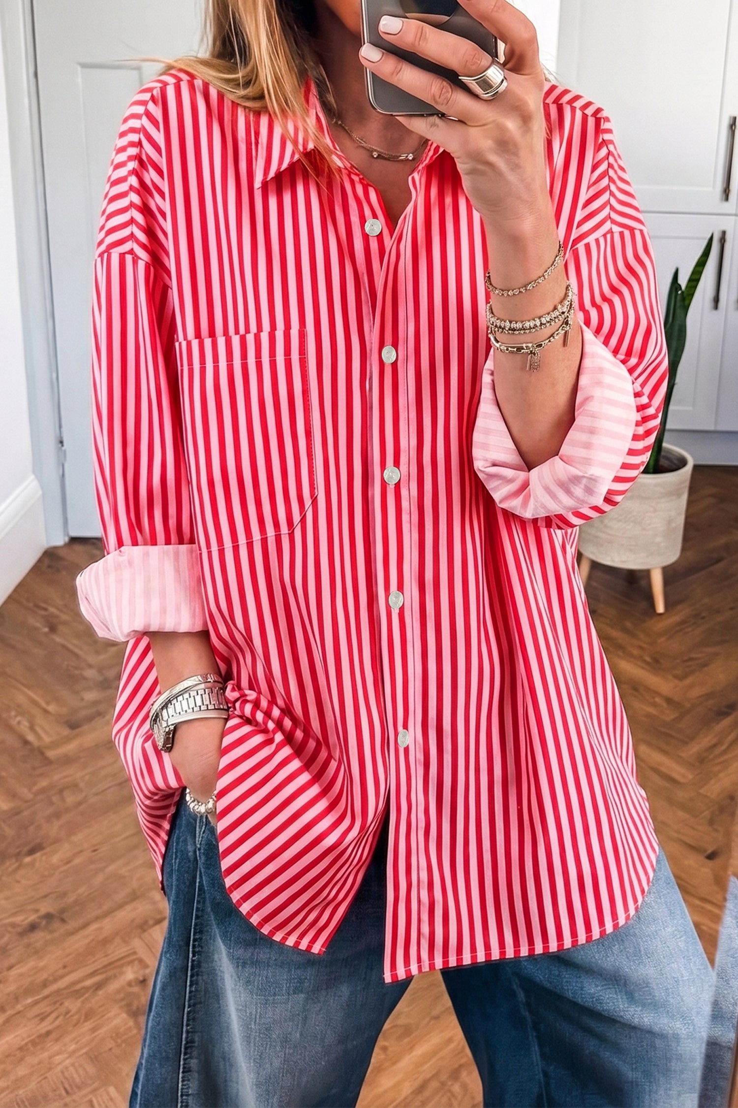 Button-Up Shirt Long Sleeve Patch Pocket Casual Shirt – Red Stripe