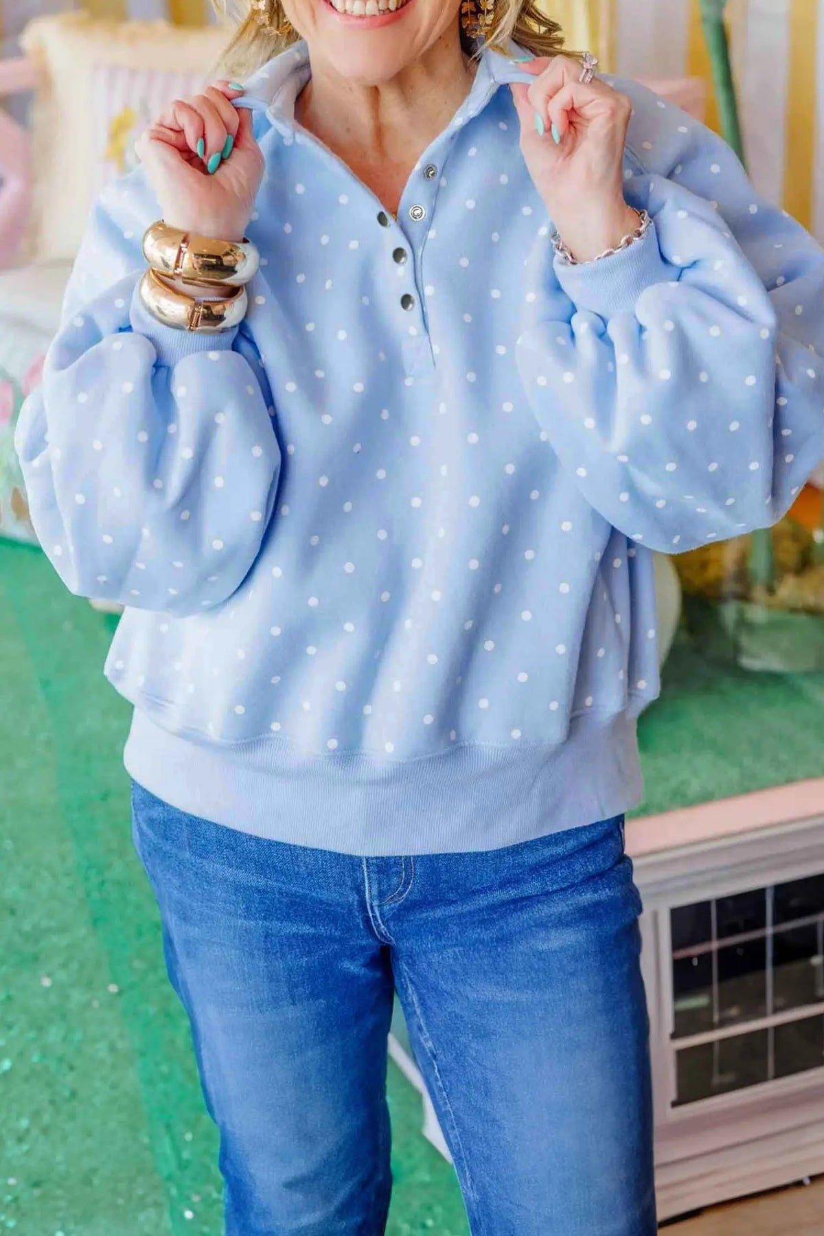 Sky Blue Polka Dot V Neck Metal Button Long Sleeve Shift Plus Size Sweatshirt – Light Blue